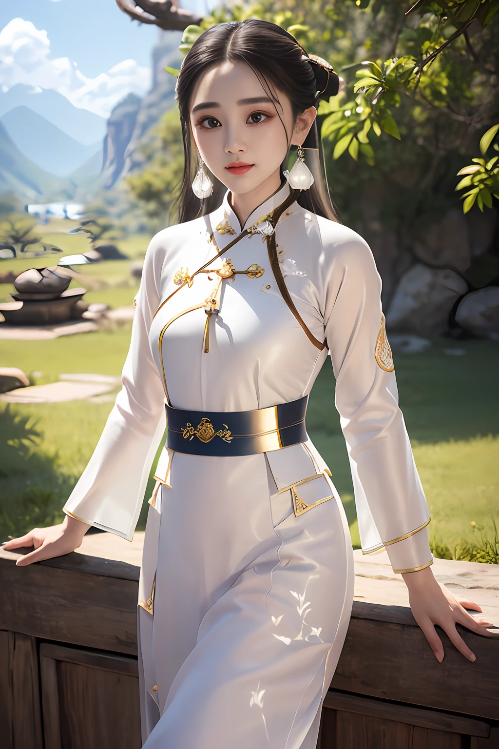 (best quality, masterpiece:1.2), photorealistic, ultra high res, full body shot, front lighting, intricate detail, Exquisite details and textures, 1girl, (young), face highlight, upper body, detailed face, tear mole, white skin, silver hair, ponytail, braid hair, looking at viewer, big eyes, symmetrical eyes, (sexy ao dai attire:1.6), earrings, (gigantic breasts), slim body, professional lighting, photon mapping, radiosity, physically-based rendering, good hands, good fingers, outdoor, masterpiece,ultra realistic,32k,extremely detailed CG unity 8k wallpaper, best quality