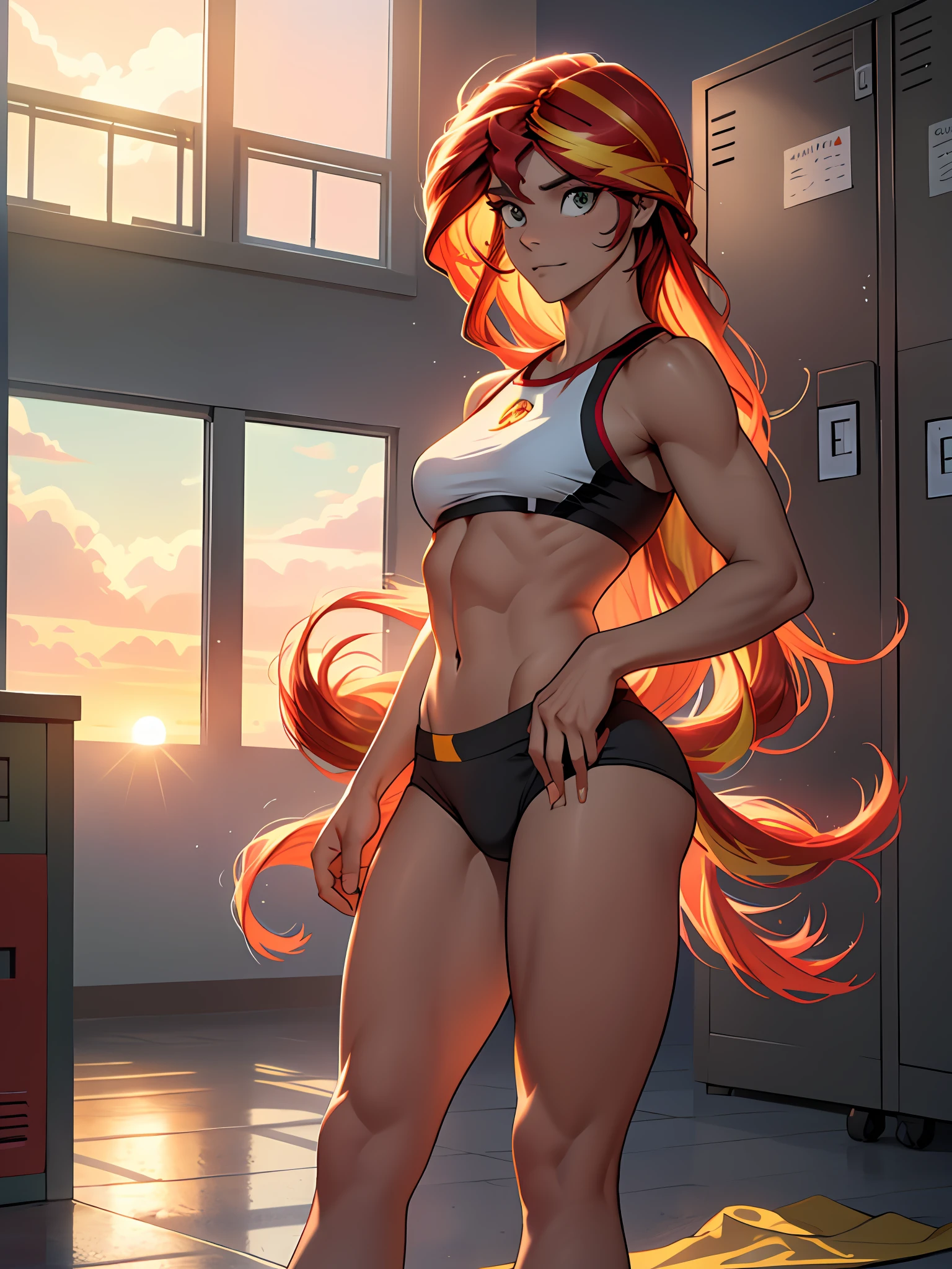 1girl, Sunsethuman, Sunset Shimmer, My little pony's Sunset Shimmer, Sunset Shimmer na forma de uma ******, seios grandes, seios exuberantes, seios volumosos, seios firmes, suor, molhado com suor, canela, saltos, feets, cinco dedos, detailed hands, dois tons de cabelo, cabelos vermelhos e amarelos, de frente, solo, um personagem, bare foots, sem sapatos, pernas separadas, gym locker room,  (deitado de costas), deitado em um banco sem costas, cueca de renda branca, pernas afastadas, , piso frio, vista superior, piso molhado, (de cueca branca), magra, without muscles, corpo normal