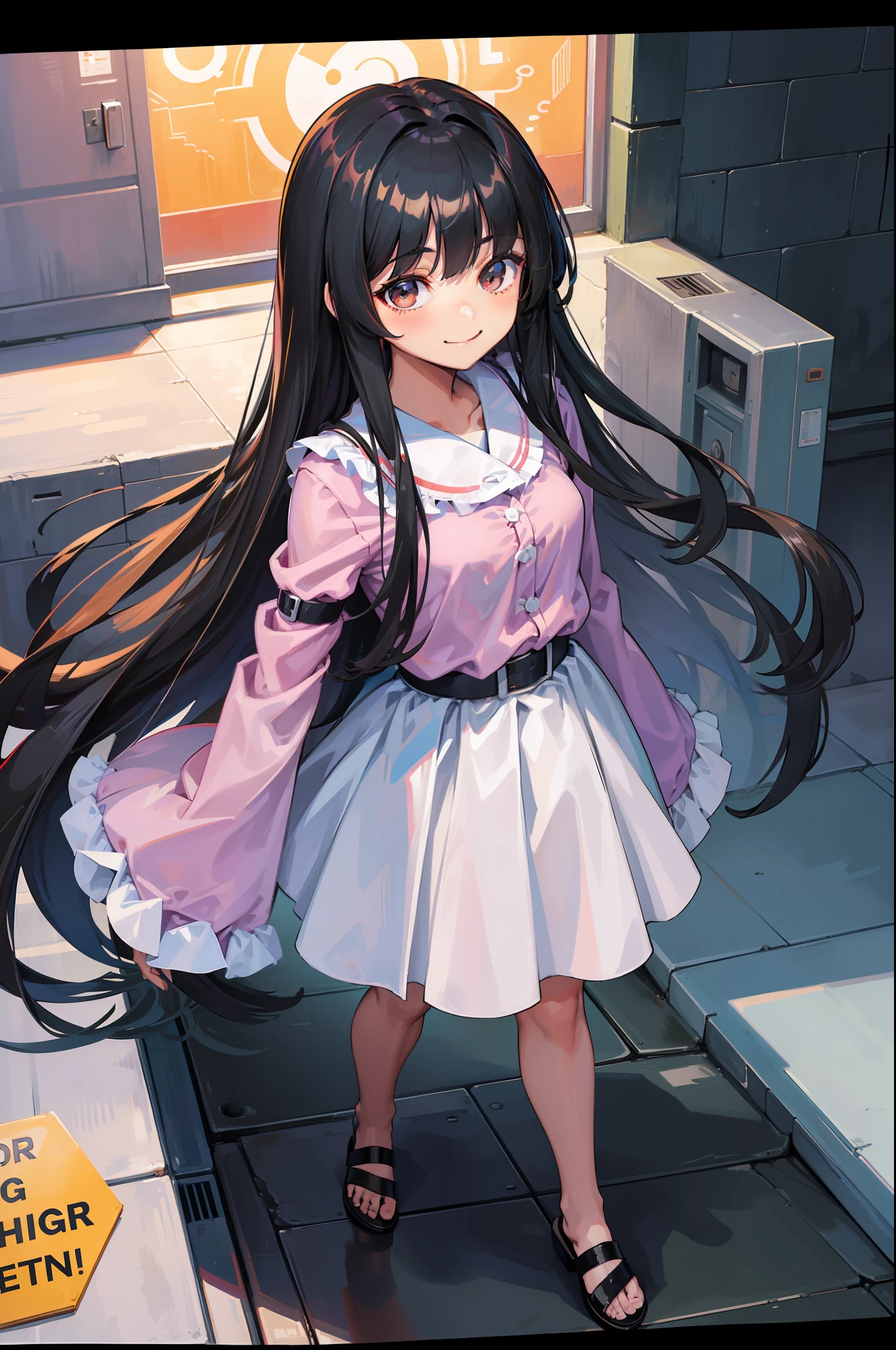 1 teenage girl, long black hair, bangs, soft or astethic style clothing, standing posing looking at viewer, smiling slightly