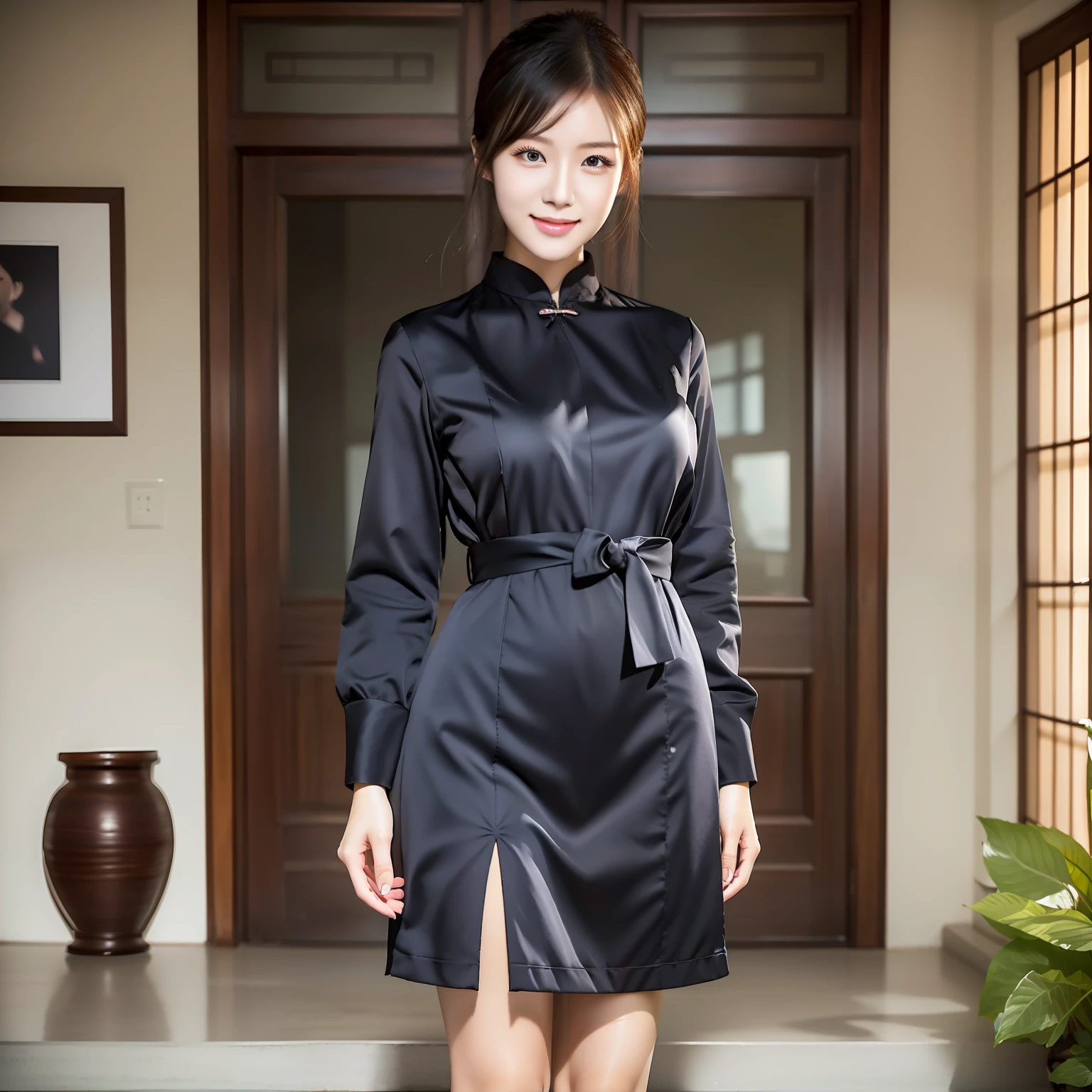 (Full body photo), long legs, thin waist, a 20-year-old Chinese nurse, best quality, realistic, (fine details), clear lines, high resolution, extremely detailed, (single focus), detailed facial features, detailed clothing features, (fashion hairstyle: 1.3) looking at the viewer, interior, smile, detailed face, double eyelids,