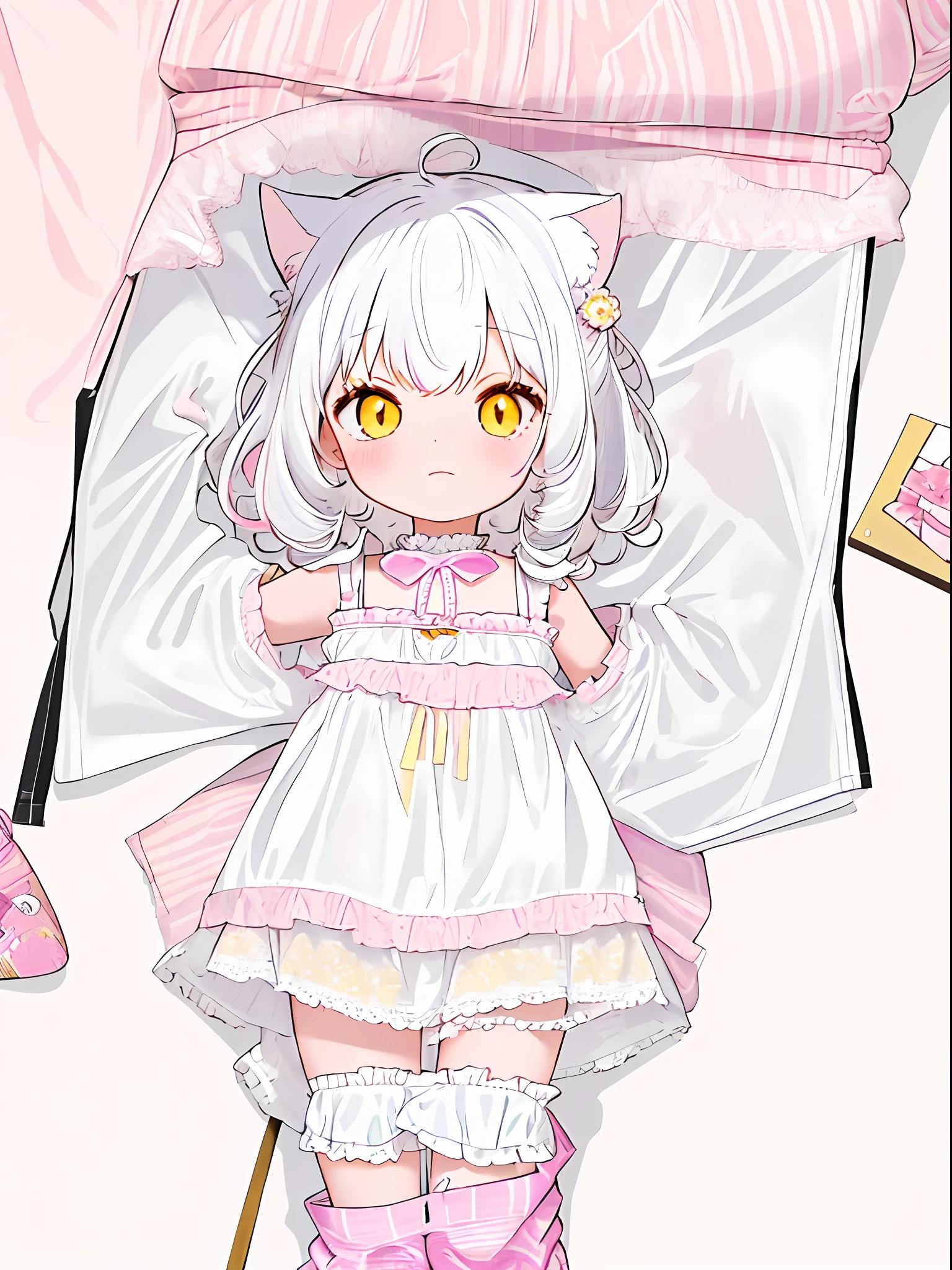 (masterpiece), (best quality), (ultra detailed),(loli,White hair, yellow eyes, Pink striped hair,bunches,white dress pajamas, cat ears)