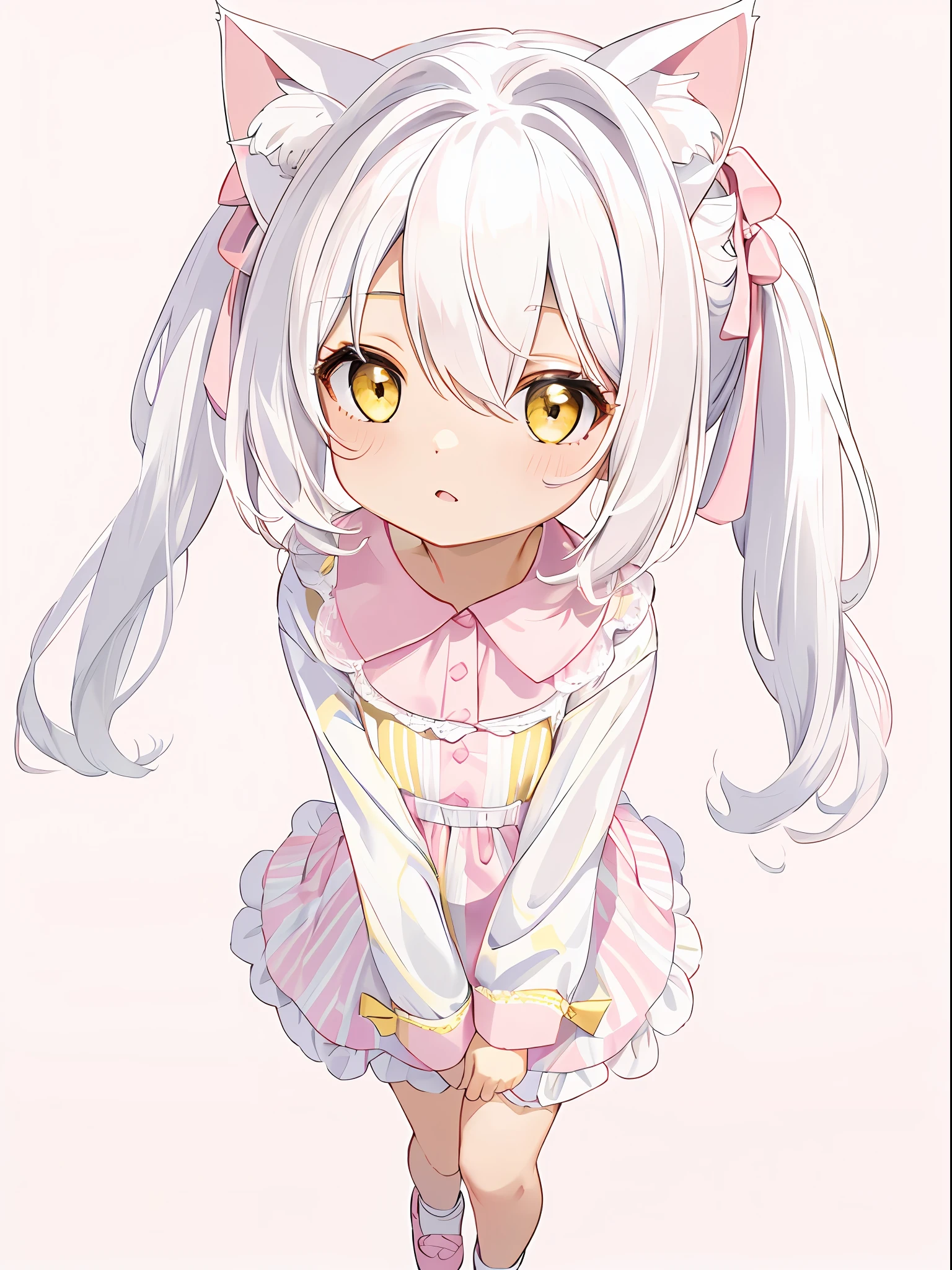 (masterpiece), (best quality), (ultra detailed),(loli,White hair, yellow eyes, Pink striped hair,bunches,white dress pajamas, cat ears)