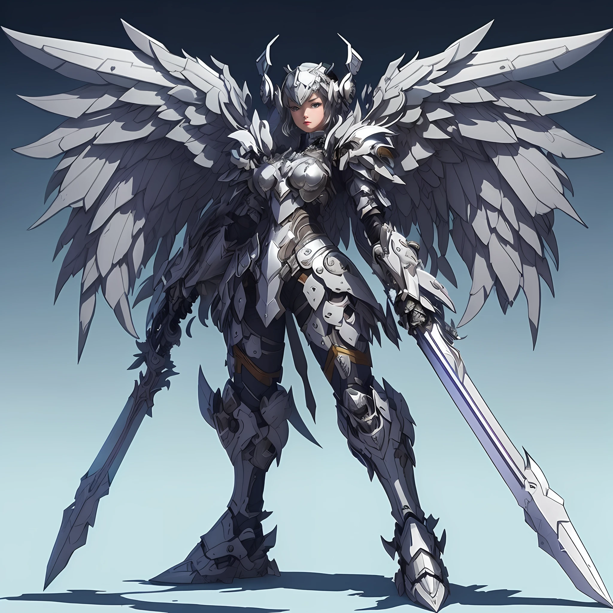 a close up of a person with a sword and wings, angel knight girl, armor angle with wing, mechanized valkyrie girl, armor girl, Angel Knight Gothic Girl, angel in plastic armor, White armor, beautiful cyborg angel girl, Dressed in light armor, winged archer, valkyrie style character, in monster hunter armor, pale black armor, Gray armor, mech wings