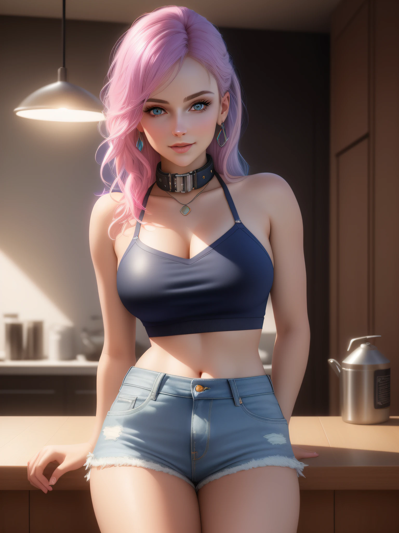 (masterpiece), best quality ever. young model leaning on the bar, medium shot, blue pink gradient hair color, white and delicate skin, light amber eyes, oval face, skin pores, unforgetable smile, tender and bright smile, raised corners of the mouth, face with dimples, women fashion black top, blue belted denim shorts, stunning look. Conceptual character, conceptual art, visual impact. intricate, insanely detailed, Unreal engine 5 rendering, photo realistic, skin subsurface scattering, high sampling, high pixel count, extrewme facial details, AAA level, cinematic lighting, expensive commercial retouching, commercial post production, post processing, hdr, 32k