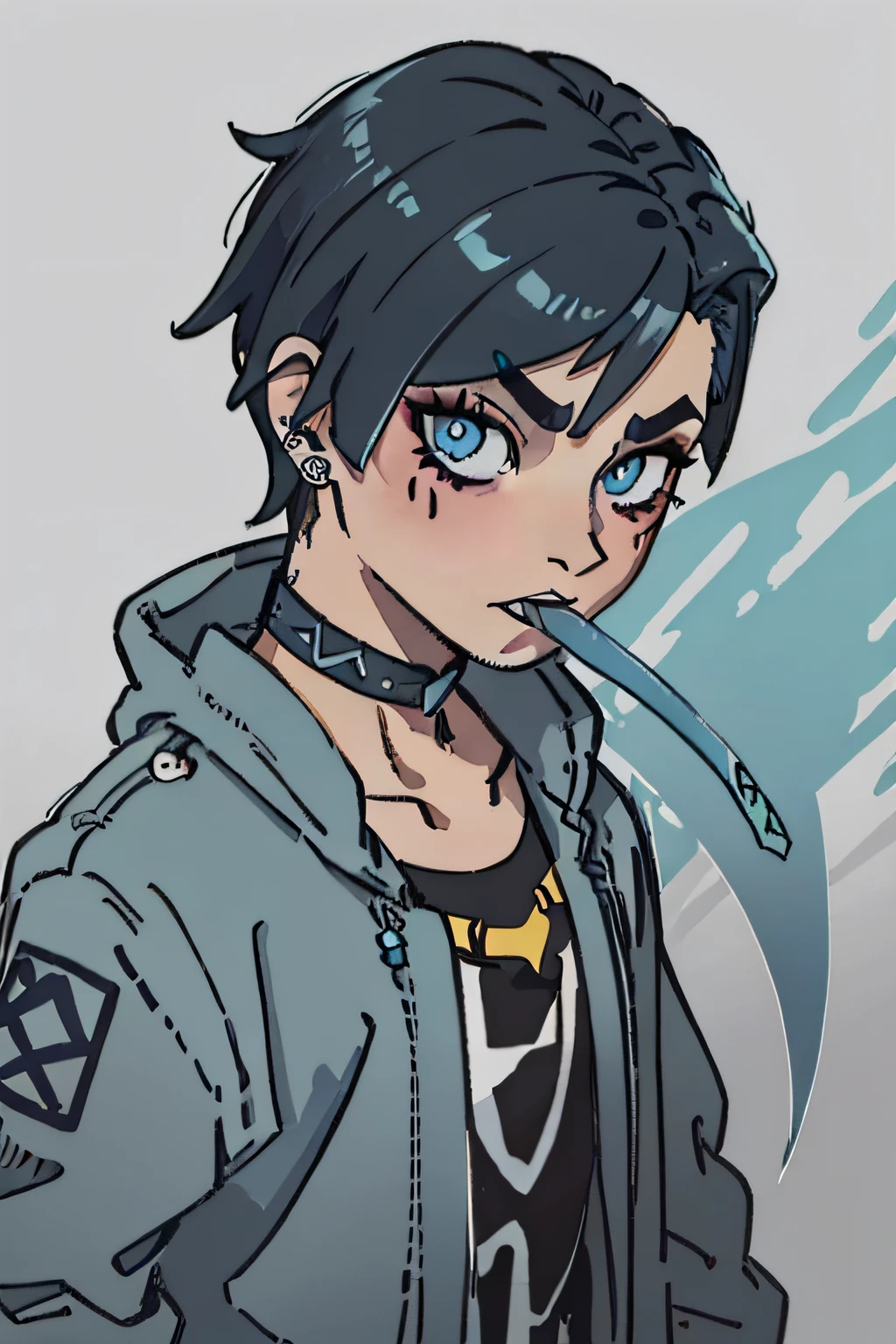 Subculture Frustrated Blue tongue Tongue studs Eyebrow studs Bad Drag boy Gray gradient eyeliner Scar Best quality High resolution Masterpiece