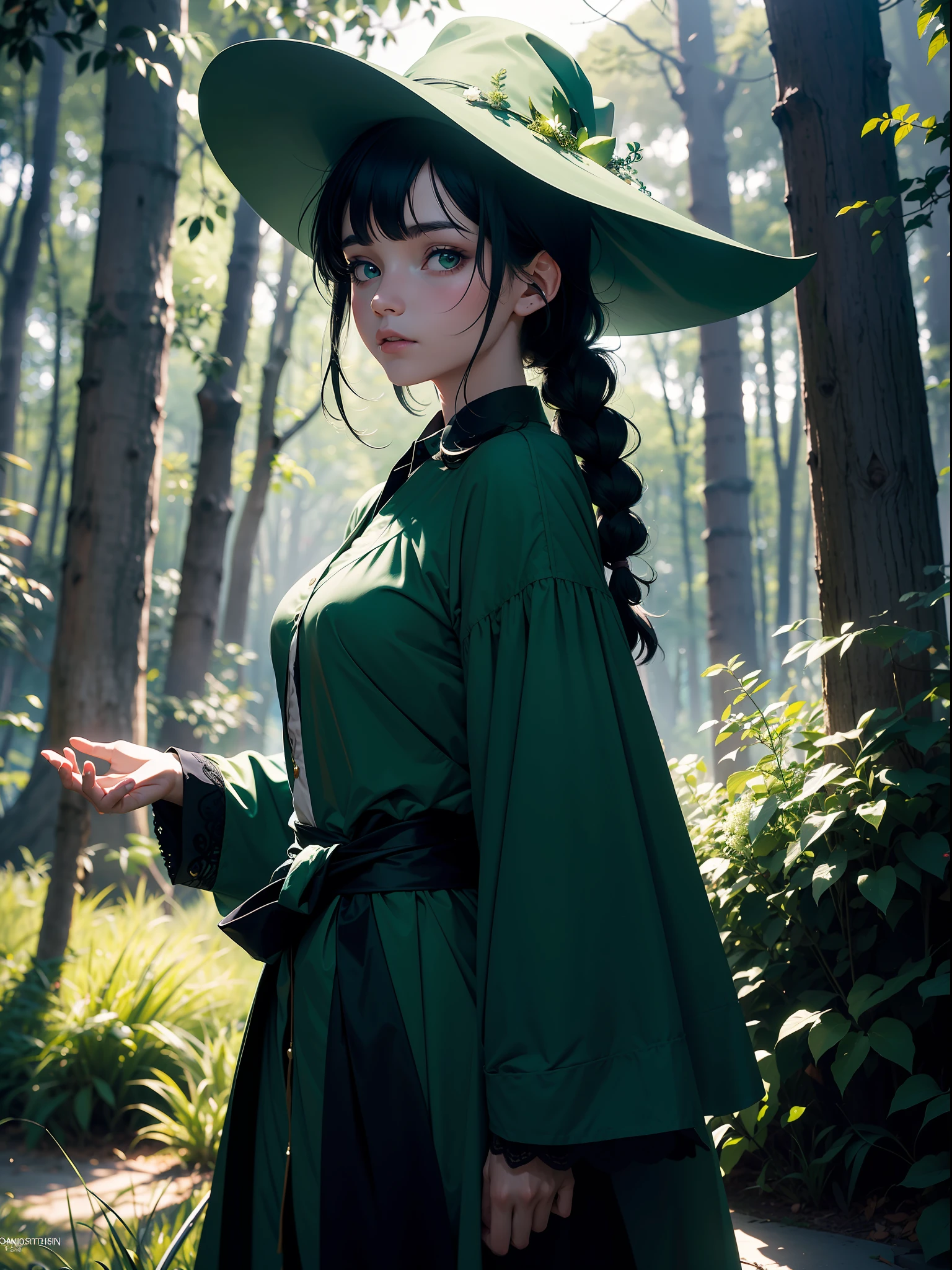 (Simple green witch robe and big green shirt,Cute girl with simple green witch big hat and braid, Cute black hair girl, Approx., short height, Dark hair , Green dressing gown, Split lips,Upper body, light Particle, forest, Intense sunlight,Effect of twinkling aerial light,Oversized shirt),masterpiece, top-quality, At 8K, detailed skin textures, Detailed Cloth Texture, beautifull detailed face, intricate detailes, ultra-detailliert, Regina Display, Super Detail, high details, High quality, Best Quality, hight resolution, 1080p, in 8K,