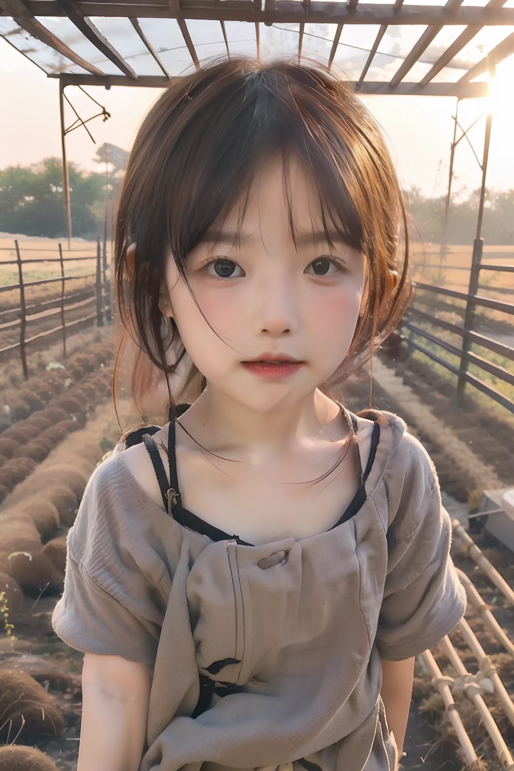 Masterpiece, Best quality, Beautiful and aesthetic, Akihiko Yoshida's style, , child, Todler, for 6 years oldrable, bob hair, No clothes, in the farm, Light chasing，