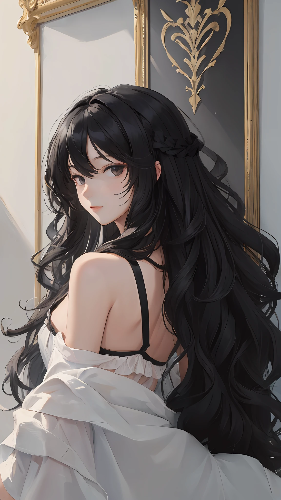(masterpiece, best quality:1.4), looking at viewer,
(wavy hair:0.8), long hair, black hair, black theme,