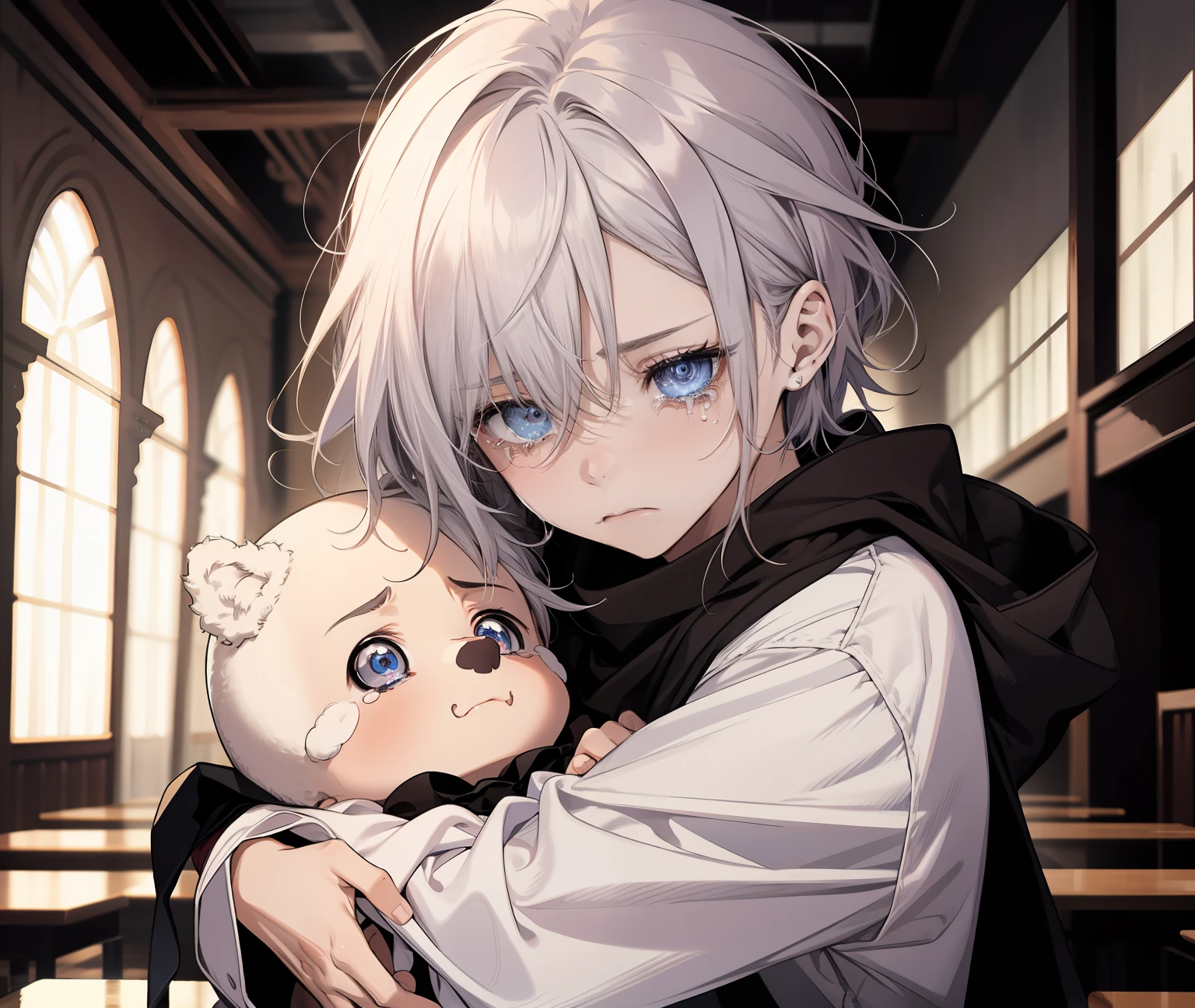 pain、hugging plush、odd eye、Male child、beautidful eyes、high-level image quality、crying how bright、painful