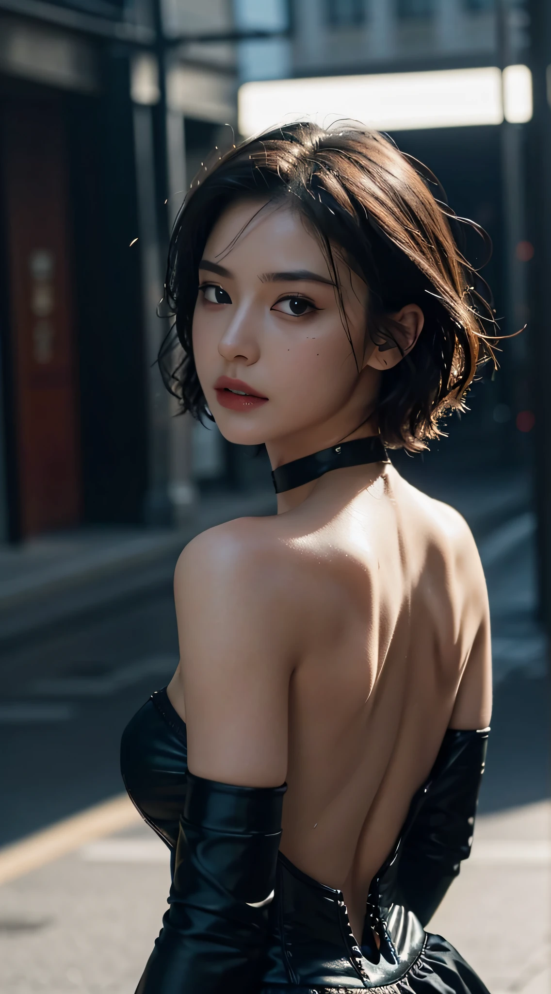 ((Top Quality, 8k, Masterpiece: 1.3)), Crisp Focus: 1.2, Beautiful Women in Perfect Shape: 1.4, Slender Abs: 1.2, ((Layer Cut, Big: 1.2)), (Rainy night Back Street: 1.2), ((Wet Body, wet skin: 1.5)), Highly Detailed Face and Skin Texture, Detailed Eyes, Double Eyelids, Very Short Hair, BDSM, Slave, Black Corset, Bondage Suit, choker, restrained, from below, disdain, micro Panty, (backlight: 1.4), dark shadow:1.1