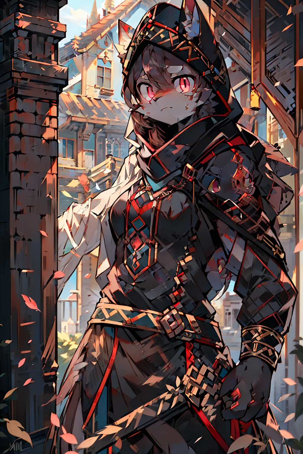 (absurdres, highres, ultra detailed), 1woman, mature female, aged up, wavy long hair, dark brown hair, pink eyes, bangs, long sleeves, finely detailed eyes and detailed face, extremely detailed CG unity 8k wallpaper, intricate details, portrait, (bloody scars:0.7), looking down, solo, upper body, detailed background, determined expression, assassins creed, assassin, hidden wrist-blade, black rugged assassin clothes, hood, capelet, small knives, revolutionary, dynamic pose, caribbean island setting, golden age of piracy, closed gate in background, dust, , portrait, wind swirling