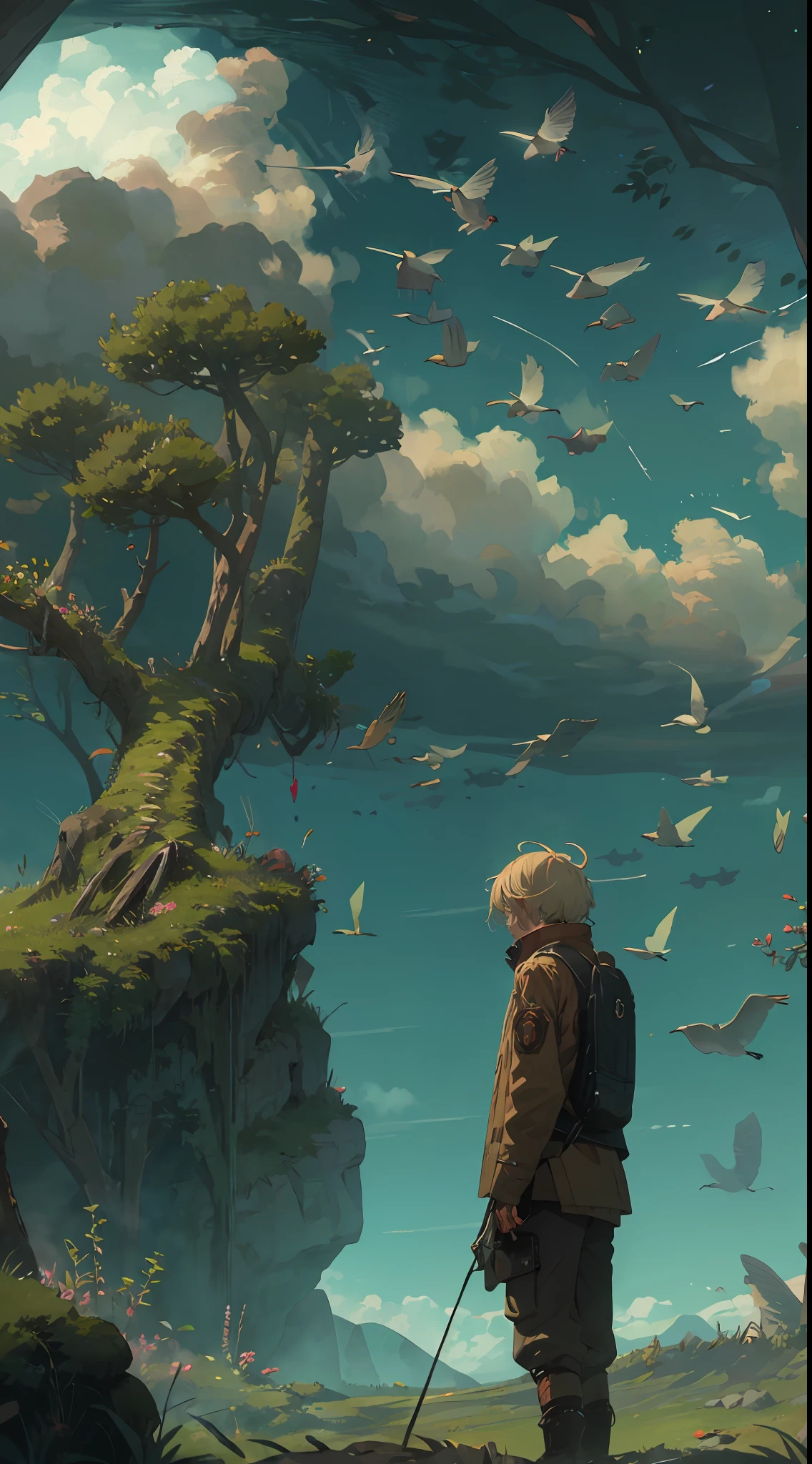 image inspired by the poem Wanderer's night song II of Johann Wolfgang von Goethe: (O'er all the hilltops
Is quiet now,
In all the treetops
Hearest thou
Hardly a breath;
The birds are asleep in the trees:
Wait, soon like these
Thou too shalt rest )BREAK,Detailed,Realistic,4k highly detailed digital art,octane render, bioluminescent, BREAK 8K resolution concept art, realism,by Mappa studios,masterpiece,best quality,official art,illustration,,(cool_color),perfect composition,absurdres, fantasy,focused,rule of third