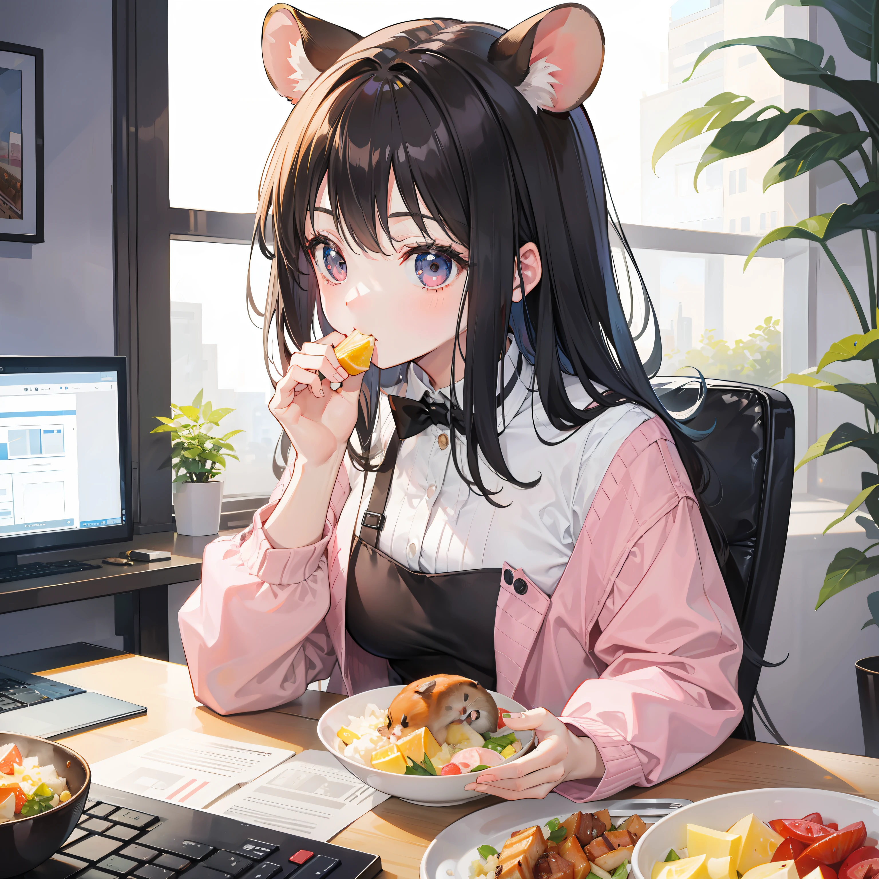 A hamster lady eats with a bowl，In front of the face is a computer