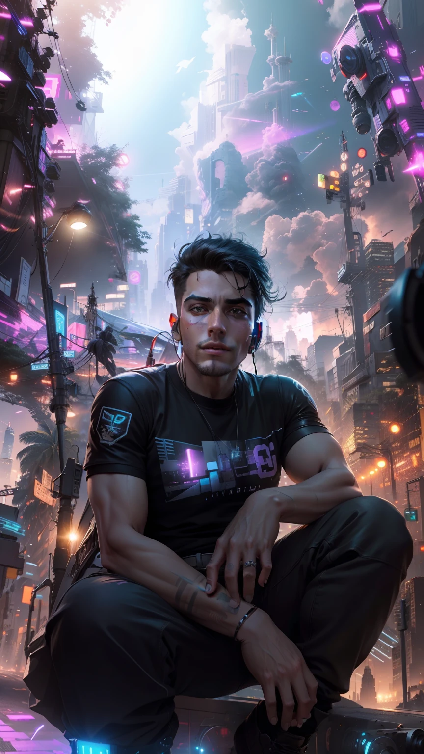 Change background cyberpunk city road, handsome boy, 8k, realistic face,particle effect in the background, on the sky airplane