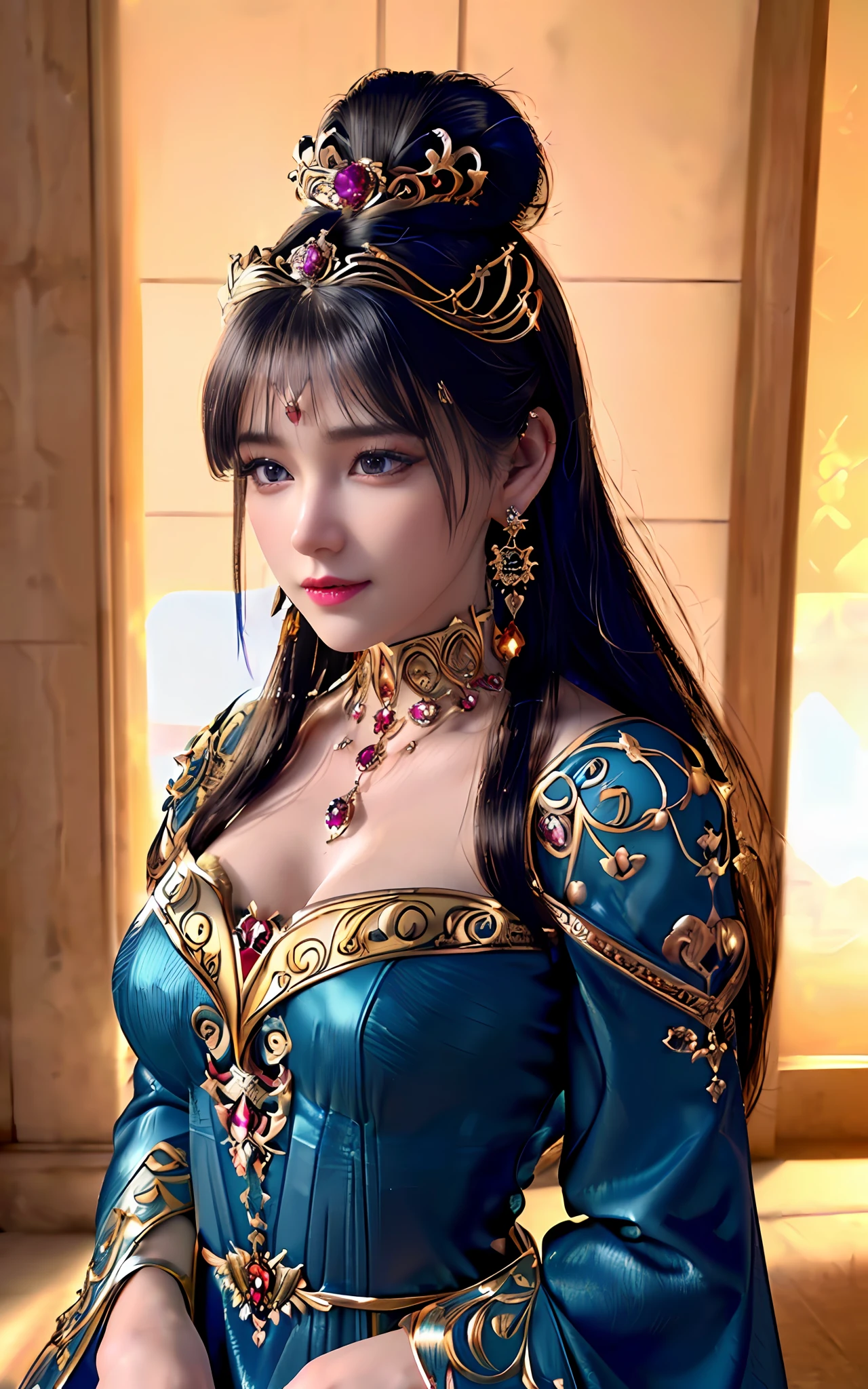 ((realisticity: 1.2)), ((best resolution: 8K UHD)), best quality,masterpiece,highres,cg,
((1 super detailed and super realistic girl)), ((very beautiful queen dazzling, super realistic, and super detailed)),((white skin, beautiful, smooth, youthful, super realistic and super detailed
)), long hair, ((super realistic and super detailed dress)), solo, ((super realistic, super beautiful, gorgeous and super detailed jewelry)), ((super beautiful, super realistic and super detailed dark red and golden yellow dress)),
((super beautiful, super realistic, super detailed diamond filled earrings)),
((super beautiful, super realistic and super detailed diamond filled hair ornament)), ((super beautiful upper body, super beautiful, super realistic and super detailed)), ((big breasts: 2.5)),
((super grand, super realistic and super detailed royal palace backgroun))
((super beautiful, super beautiful, super realistic and super detailed hair bun)), ((super beautiful, super realistic and super detailed blue hair)),
candid, Photograph, high resolution, 8k,Bokeh,