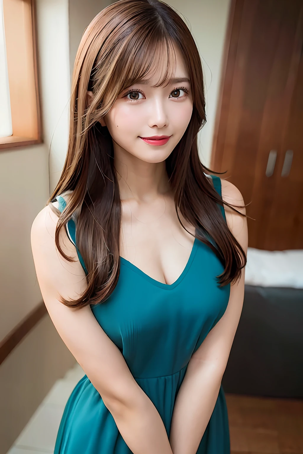 1 woman, superbeautiful, clear skin, long brown hair, browneye, maxi dress, mole under eye, aqua eyes, smile, glint, first-person view, f/1.8, 135mm, Nikon, UHD, masterpiece, ccurate, anatomically correct, textured skin, super detail, high details, high quality, award winning, best quality, highres, HD, 4K, 8k