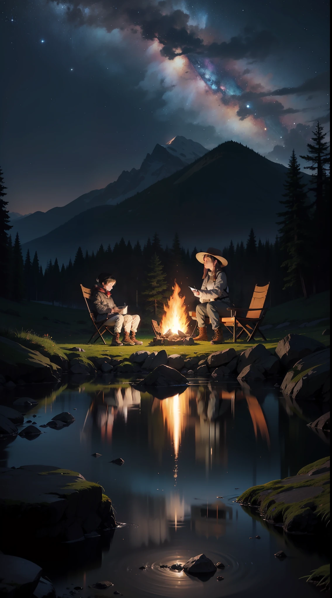masterpiece, best quality, ultra-detailed, illustration, 1girl, solo, outdoors, camping, night, mountains, nature, stars, moon, bonfire, tent, twin ponytails, green eyes, cheerful, happy, backpack, sleeping bag, camping stove, water bottle, mountain boots, gloves, sweater, hat, flashlight, forest, rocks, river, wood, smoke, shadows, contrast, clear sky, constellations, Milky Way, peaceful, serene, quiet, tranquil, remote, secluded, adventurous, exploration, escape, independence, survival, resourcefulness, challenge, perseverance, stamina, endurance, observation, intuition, adaptability, creativity, imagination, artistry, inspiration, beauty, awe, wonder, gratitude, appreciation, relaxation, enjoyment, rejuvenation, mindfulness, awareness, connection, harmony, balance, texture, detail, realism, depth, perspective, composition, color, light, shadow, reflection, refraction, tone, contrast, foreground, middle ground, background, naturalistic, figurative, representational, impressionistic, expressionistic, abstract, innovative, experimental, unique, cinematic