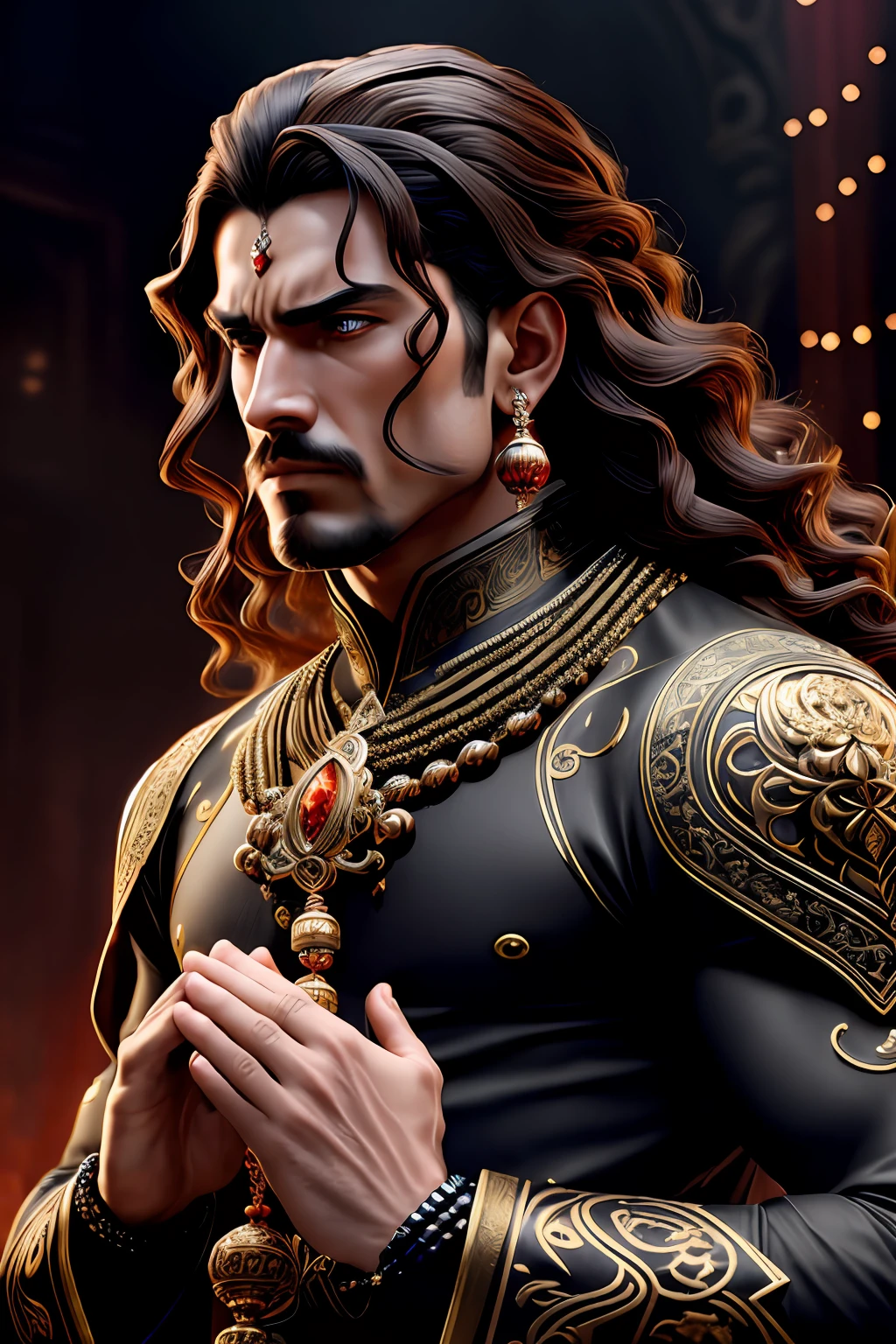 ((best quality)), ((masterpiece)), (detailed), highly detailed, (ultra-detailed), sharp focus, HDR, 8K resolution, (ultra detailed eyes), tall, muscular, menacing oni, long and curly dark brown hair, Red sky, (art nouveau), official art, (Shiny Gray Praying Beads Around His Neck), black outline, (dark atmosphere:1.2), scars, (beautifully detailed glow:1.2), (Cinematic lighting), intricate detail, highres, detailed facial features, sharp focus, smooth, aesthetic, detailed background, stylish pose, dynamic pose, (dramapaint), (opt-6000:0.9)