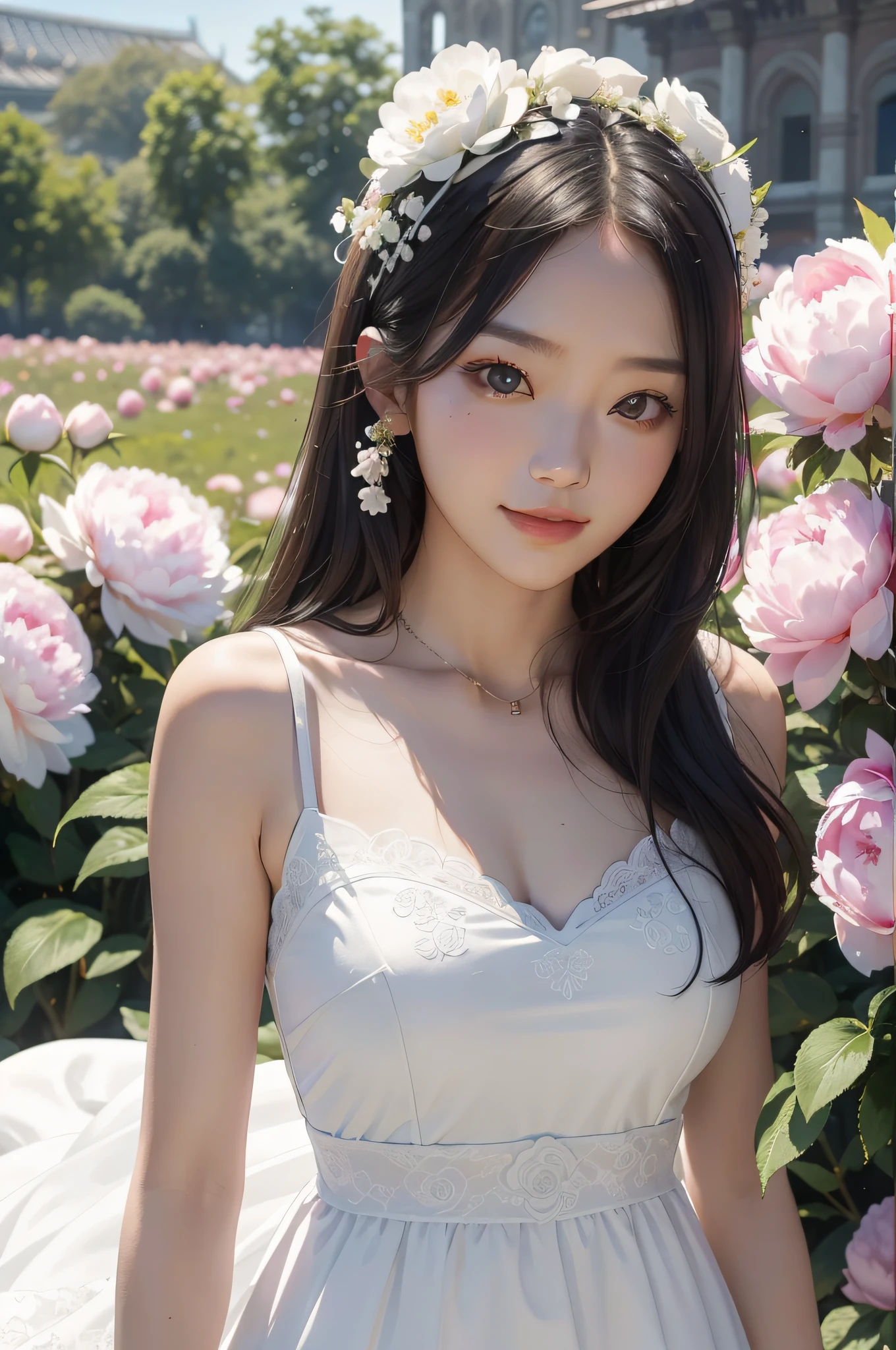 best qualtiy，tmasterpiece，超高分辨率，（真实感：1.4），RAW photogr，1girl，white dresses，cropped shoulders，blooming peony flowers、Rose flower、Camellias tower over a field of flowers，Glowing skin，Light smile