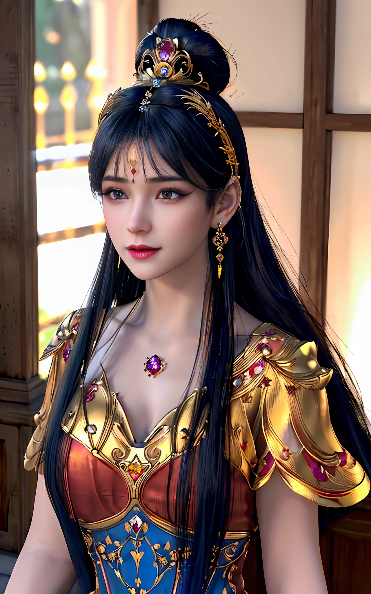 ((realisticity: 1.2)), ((best resolution: 8K UHD)), best quality,masterpiece,highres,cg,
((1 super detailed and super realistic girl)), ((very beautiful queen dazzling, super realistic, and super detailed)),((white skin, beautiful, smooth, youthful, super realistic and super detailed
)), long hair, ((super realistic and super detailed dress)), solo, ((super realistic, super beautiful, gorgeous and super detailed jewelry)), ((super beautiful, super realistic and super detailed dark red and golden yellow dress)),
((super beautiful, super realistic, super detailed diamond filled earrings)),
((super beautiful, super realistic and super detailed diamond filled hair ornament)), ((super beautiful upper body, super beautiful, super realistic and super detailed)), ((big breasts: 2.5)),
((super grand, super realistic and super detailed royal palace backgroun))
((super beautiful, super beautiful, super realistic and super detailed hair bun)), ((super beautiful, super realistic and super detailed blue hair)),
candid, Photograph, high resolution, 8k,Bokeh,