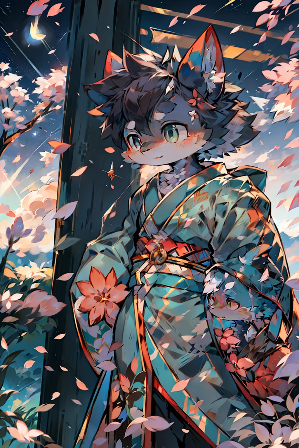 One, distant girl in kimono staring at the stars (reduced: 1.1), (meteor shower: 1.2), (comet: 1.1), your name, low angle, from behind, arrow labrealis shooting star, yukata, red kimono, cherry blossoms, highest quality standing in the field, masterpiece, clouds, colorful, starry sky, stars,