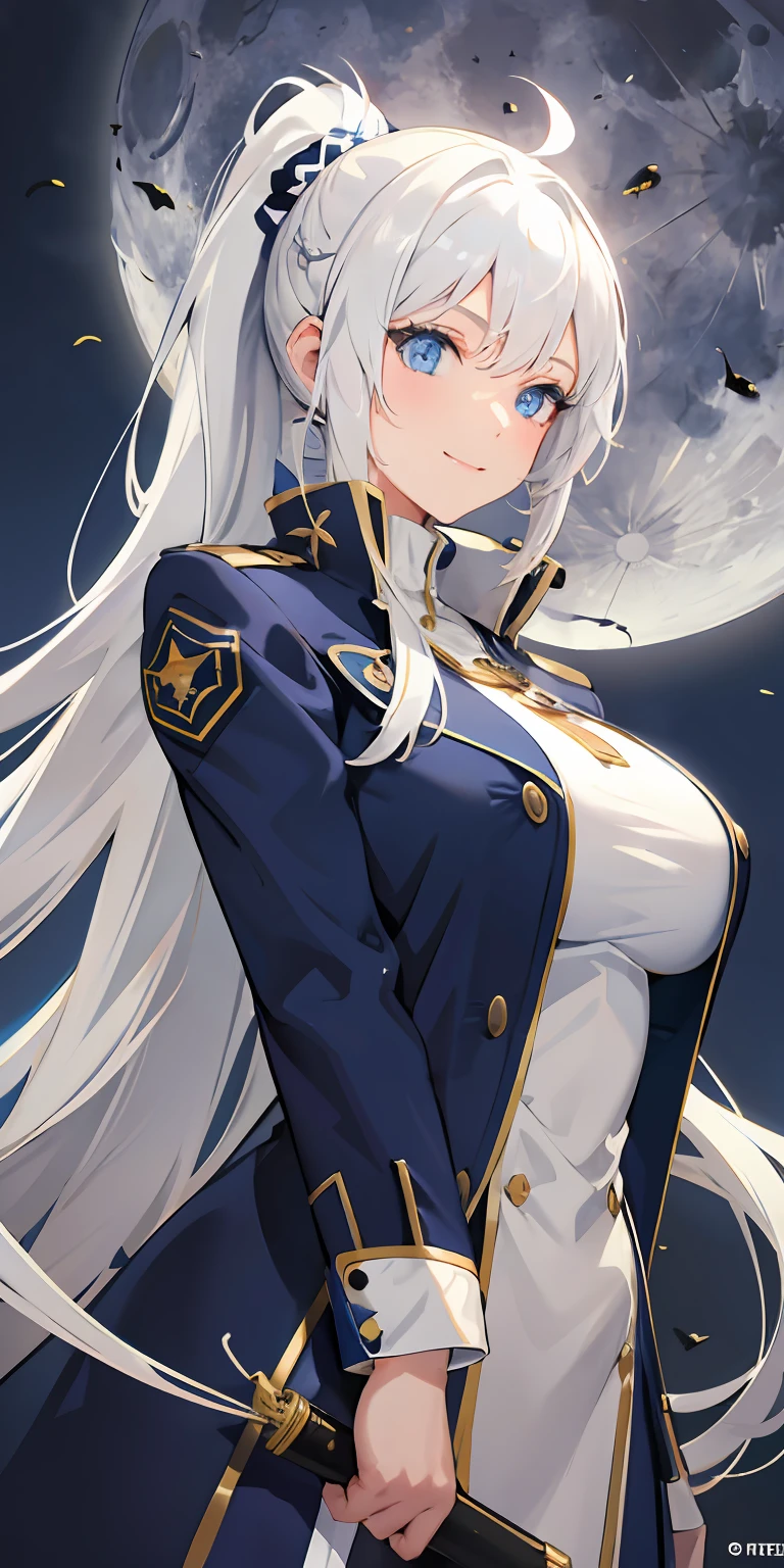 Blue eyes, big tits, 1girl, coat, white hair, ponytail hair, smile, tennage, moon, church, upper body,