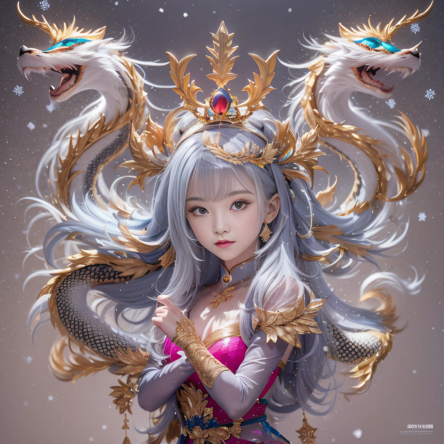 16k(tmasterpiece,k hd,hyper HD,16k)short detailed hair,Vintage train sleeper area,Snow Circle Girl ,Two Golden Dragon Protectors (realisticlying:1.4),Python robe,Purple-pink tiara,Snowflakes fluttering,The background is pure, A high resolution, the detail, RAW photogr, Sharp Re, Nikon D850 Film Stock Photo by Jefferies Lee 4 Kodak Portra 400 Camera F1.6 shots, Rich colors, ultra-realistic vivid textures, Dramatic lighting, Unreal Engine Art Station Trend, cinestir 800,