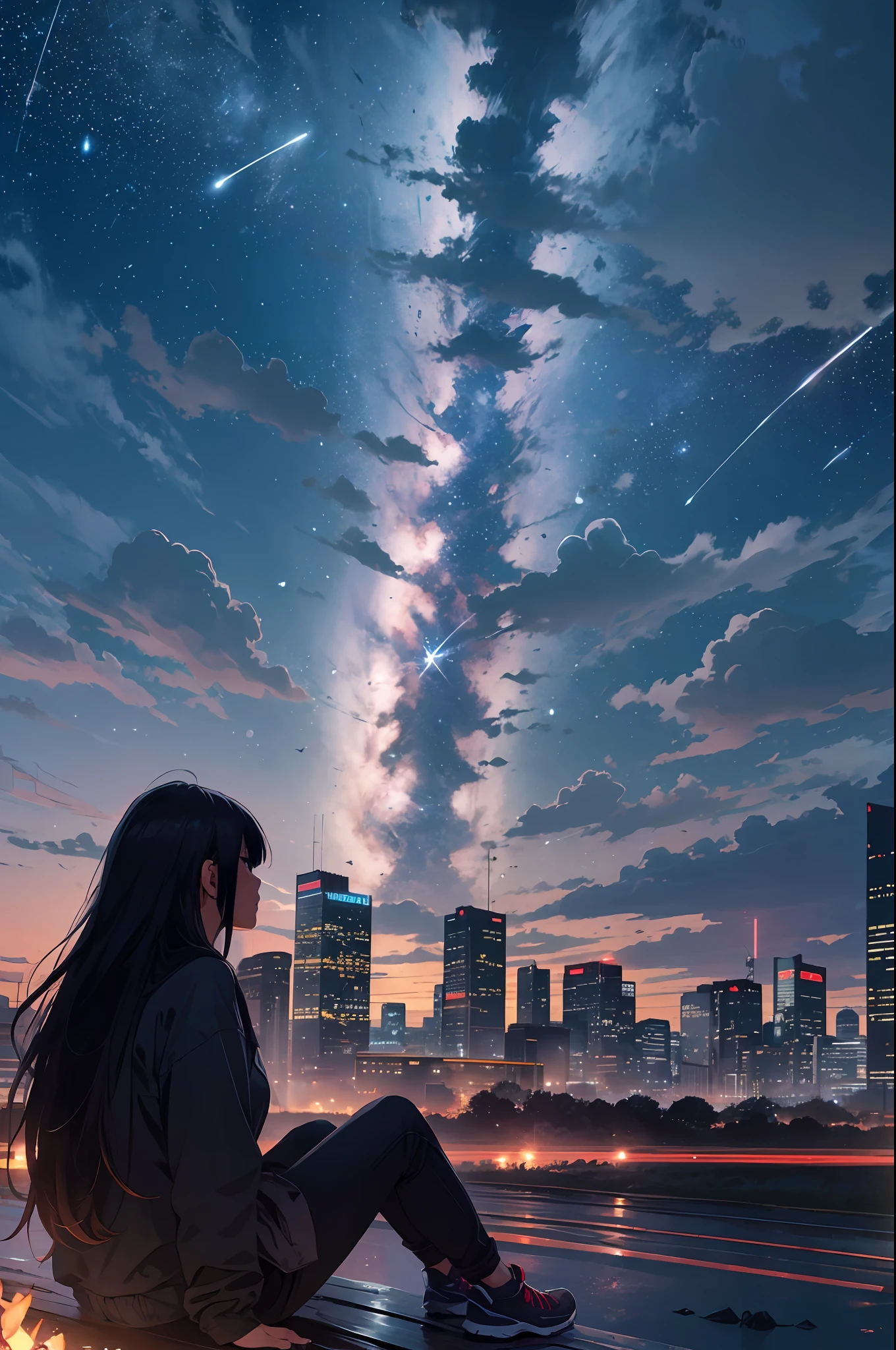 octans, sky, star (sky), scenery, starry sky, night, 1girl, night sky, solo, outdoors, building, cloud, milky way, sitting, tree, long hair, city, silhouette, cityscape --auto --s2