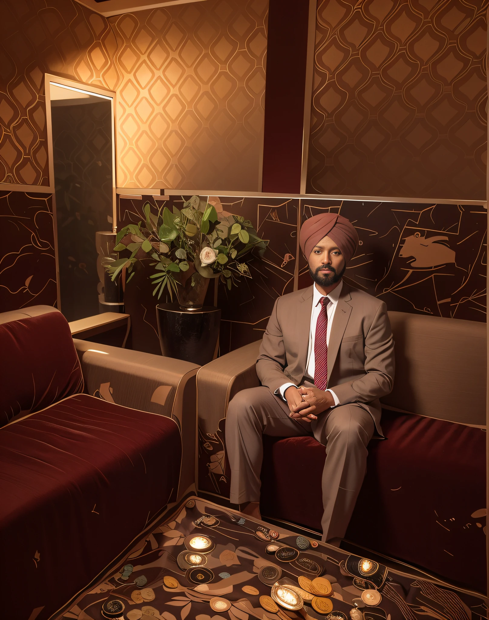 Change the background to a high-resolution 8k image while keeping the face and turban unchanged. The face and turban should remain the same. Please make it suitable for use as an avatar profile photo.