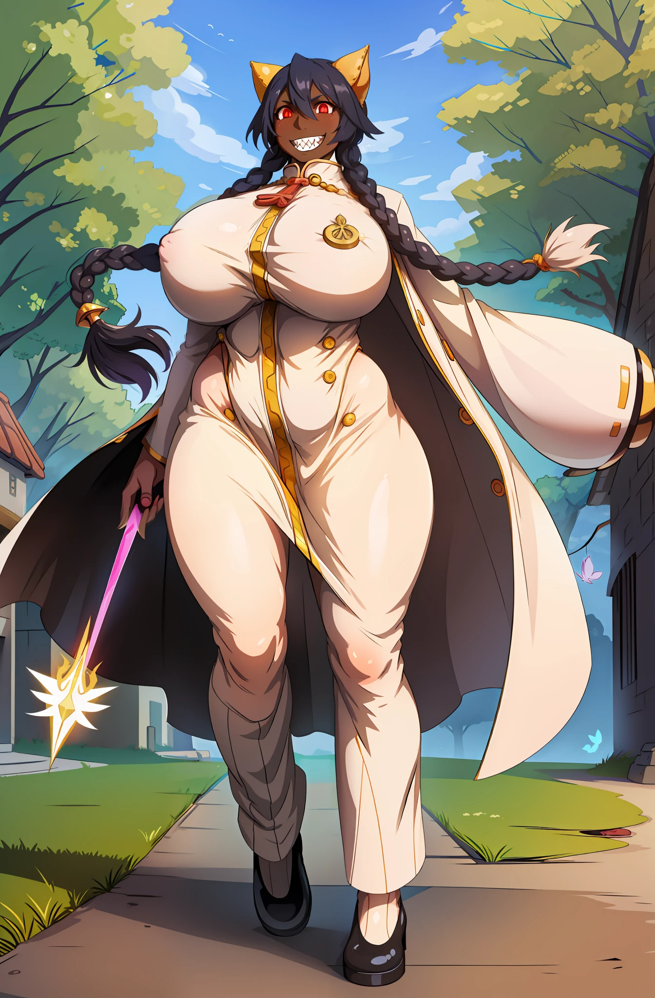 huge chest, curved, female,fantasyHere is a cartoon picture of a woman with a very large chest, , vest, pants, black hair, sacred aura, inspired by Red Luma, the non-binary deity of spring, ethereal rainbow nimbus, the butterfly goddess of fire, inspired by Marie Angel, will have shining around her, like the sun goddess, "uwu the prismatic person, big breast, happy, beautiful eyes, , full body, walking, long dress, long dre, nun, priestess, saint, body of venus, bent, huge chest, forest, walking, smile, sharp teeth, black coats, coat, dark skinned, twinbraids, brow hair, cat ears,,red eyes