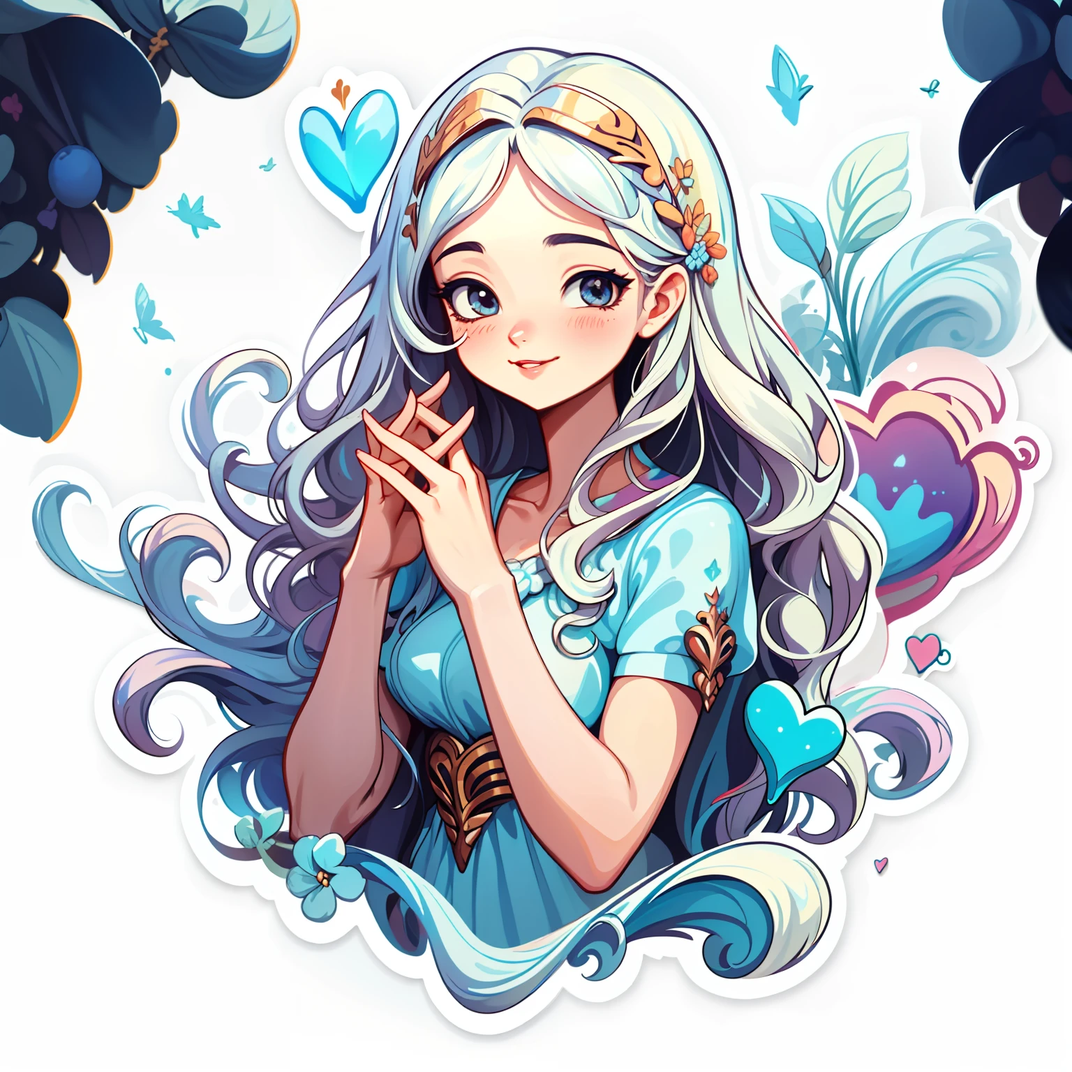 mixture,1girll, simple backgound, sportrait, Girl with long hair, Smiling girl, Beautiful Aphrodite girl,Hands to hearts， Aphrodite aesthetics, Beautiful girl, very beautiful fantasy art, Beautiful and elegant female Aphrodite, beautiful detailed fantasy, , white theme