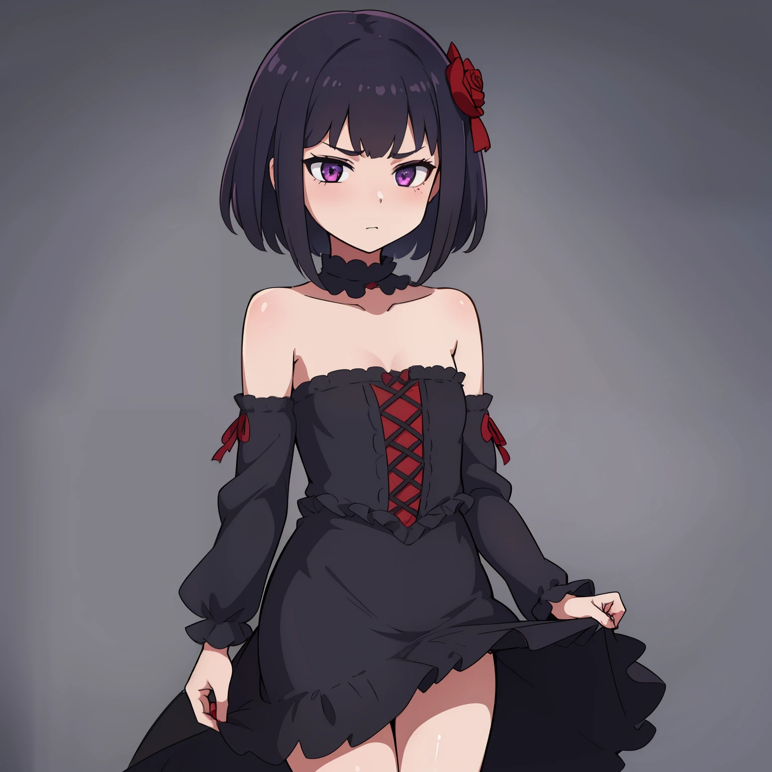 (1 girl) Dark short shoulder-length hair, Emotionless face, quiet look. Little red rose in hair, dark purple eyes, bare feet, Dark gothic outfit.