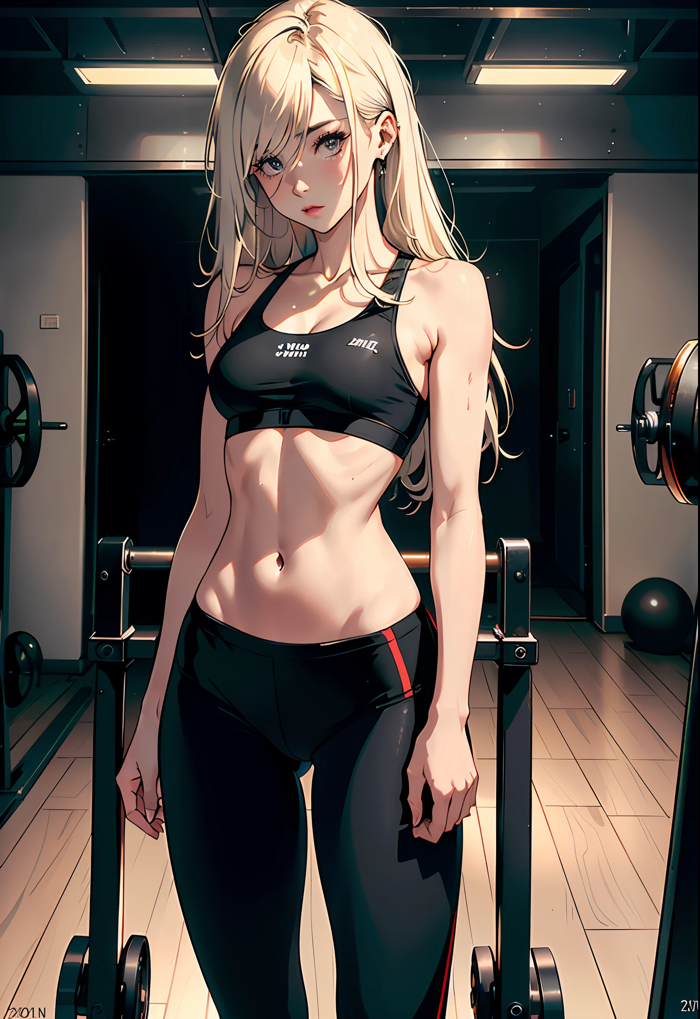 (realistic photo shot in a dark studio), (medium full body shot), (20 year old girl sexy poses in the gym), sports leggings, sports bra, beautiful detailed face, supermodel, (skinny and fit body:1.1), small breasts, pale skin, detailed long blond hair, heavy makeup, (realistic glistening skin), masterpiece, best quality, high resolution scan, (photo by Canon 5d, 50mm ZEISS lens), hourglass proportions, (8k uhd, hdr, dof), (professionally color graded), sharp focus, rim lighting, dimly lit, two tone lighting, dark,