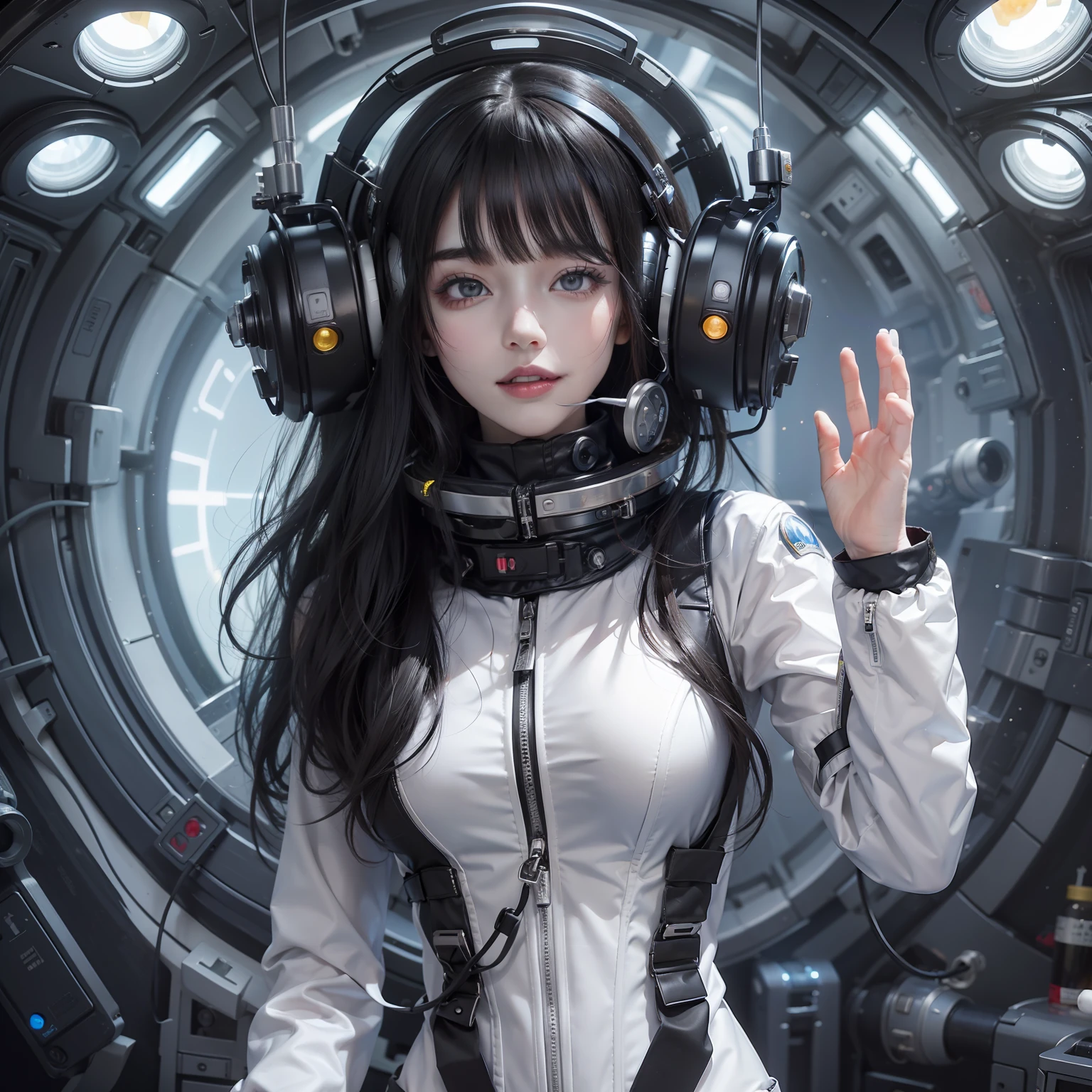 Enchanted woman happy to raise her hand Perfect beauty Beautiful white skin Beautiful eyes Lustrous lips Lovely smile Dark hair He wears a goth spacesuit designed in white and black that sticks to his body. Functional head phone Inside the spacecraft