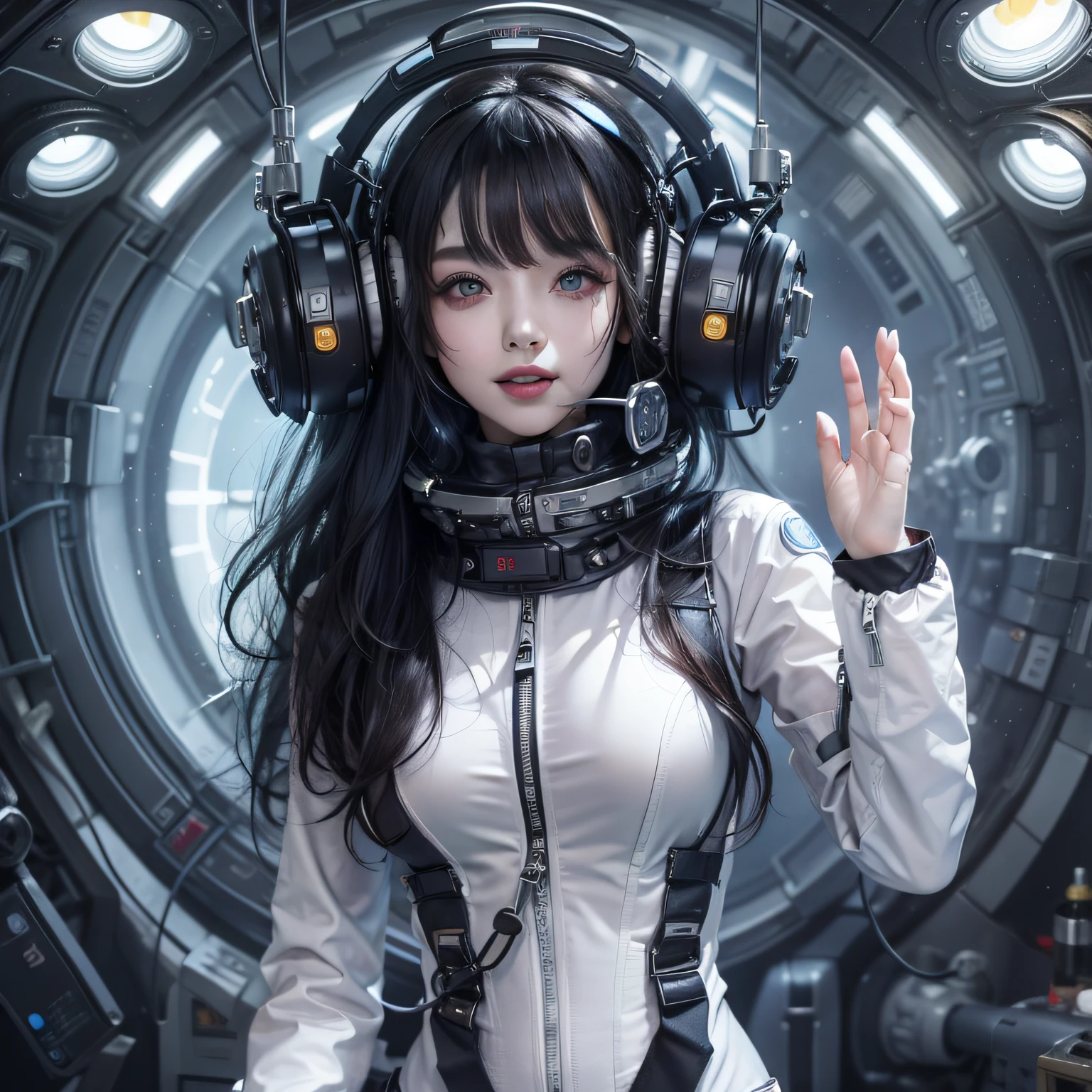 Enchanted woman happy to raise her hand Perfect beauty Beautiful white skin Beautiful eyes Lustrous lips Lovely smile Dark hair He wears a goth spacesuit designed in white and black that sticks to his body. Functional head phone Inside the spacecraft