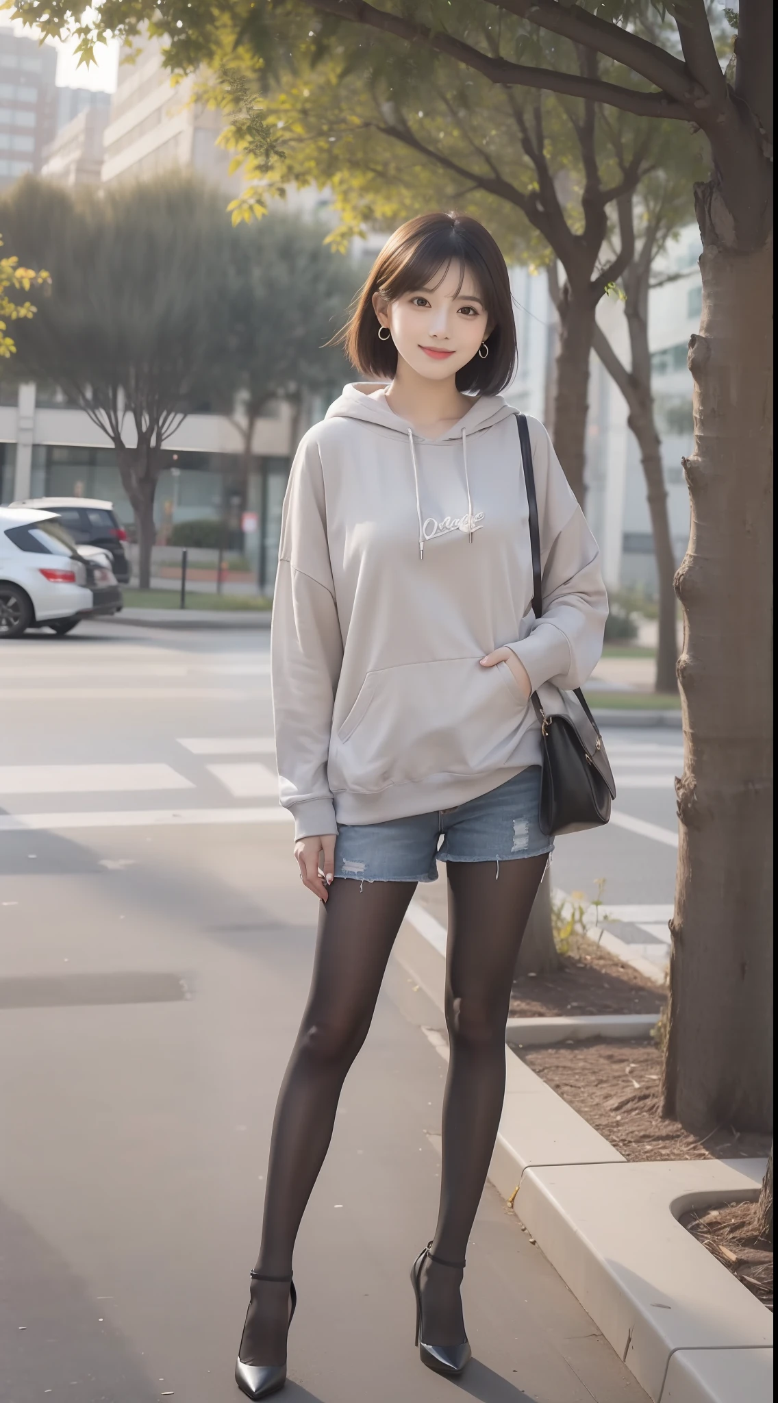 （One student 1.5），（true to life，Photorealistic 1.5）,((best qualtiy, 8K, tmasterpiece:1.3)),SLR camera (二重まぶた，largeeyes:1.3),（smile1.5），（Full body photo 1.5）（One person 1.5）Clear focus 1.2, Perfect body beauty:1.4 , Delicate skin1.1，（Short black hair 1.6），（Fashion watch 1.4），（Pure desire 1.3）(Black pantyhose 1.5)（The leg length is one meter two，1.5），Gray hooded sweatshirt，denim short，high-heels，With earrings，bangle，Park under the banyan tree