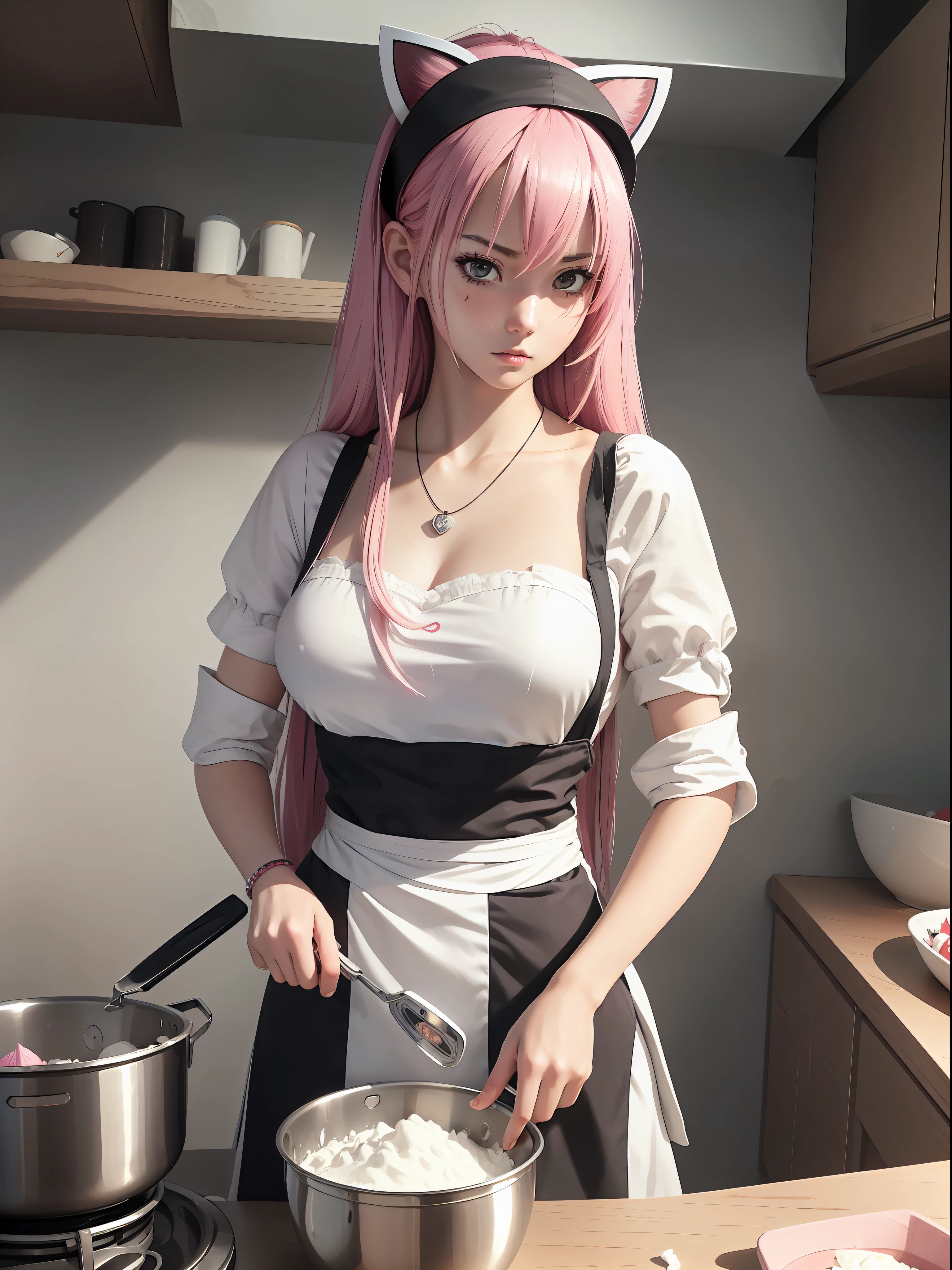 (masterpiece), (best quality), (ultra detailed),(disheveled hair),(illustration), (realistic), beautiful and cute gamer girl with white and smooth skin, thin body, red cheeks, Angry facial expression, pink hair, wearing a maid costume beewa is black and white, wearing a cat headband, wearing accessories necklace bracelet ring, while in the kitchen preparing food, Asian girl.