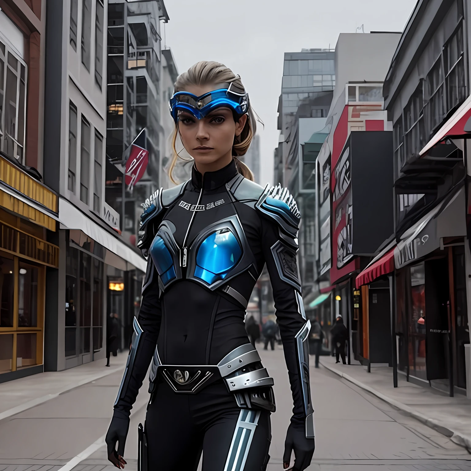 There's a woman in a futuristic suit walking down the street, filme ainda de um ciborgue legal, sci-fi android feminino, beautiful female cyborg, beautiful alluring female cyborg, beautiful female android, uma imagem de um belo ciborgue, movie still of a villain cyborg, menina bonita ciborgue, mulher ciborgue bonita, mulher ciborgue, menina ciborgue bonita, angry female cyborg