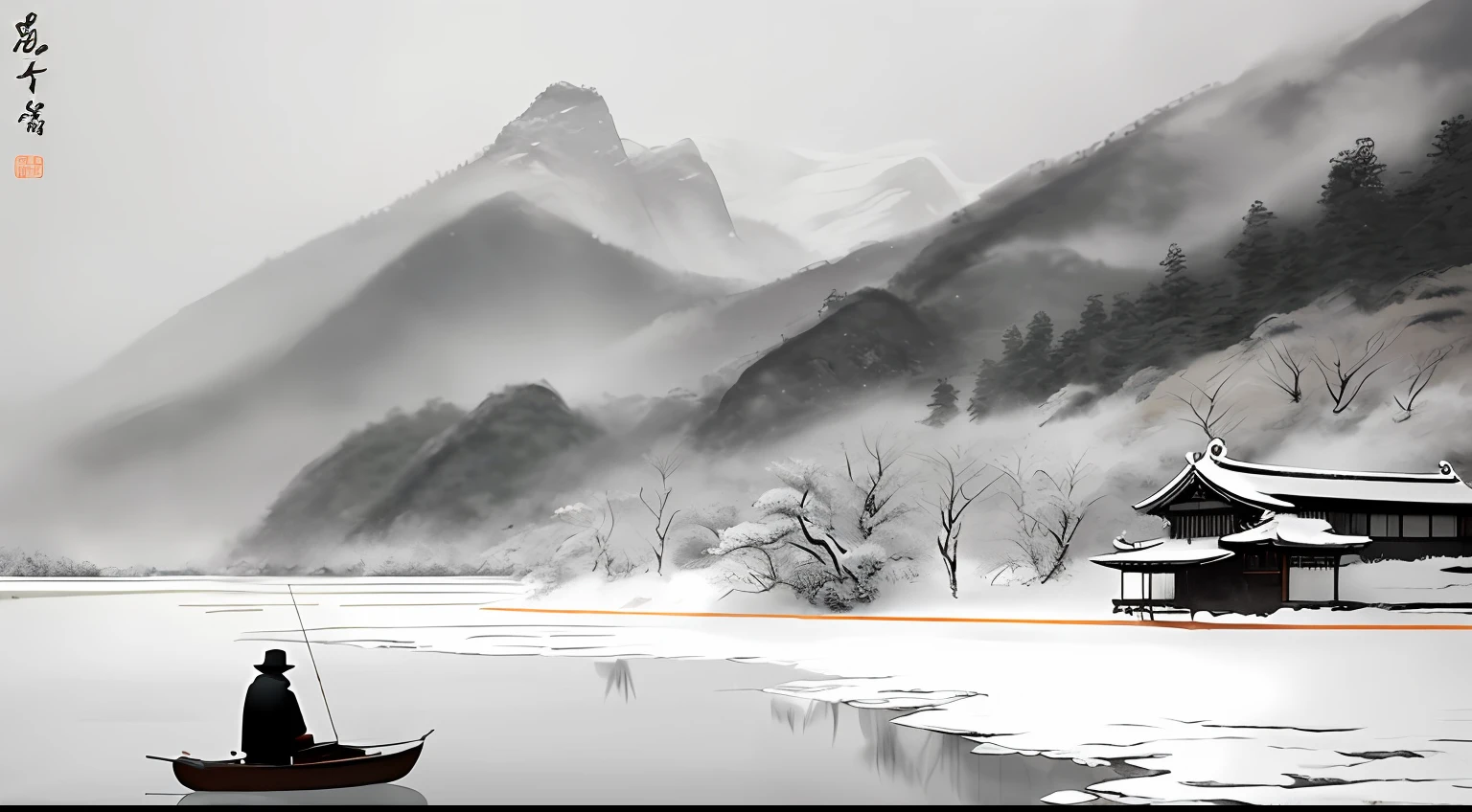 Chinese ink landscape painting，Black and white tones，Ancient style，The whole picture is freehand and abstract，Render in ink，In winter, The sky and the earth are covered with snow，Between heaven and earth，Quiet and remote scenery，An old man wears a cloak and coat，Sitting on a lonely boat，Fishing with a fishing rod，This ink painting depicts a lonely and difficult scene on a winter day。On screen，Old fisherman in dress，Wearing a cloak，Sitting alone in a small boat。The hull looms，Its contours are outlined through virtual and real brushstrokes，Leaning on the frozen river。The surface of the river is covered with snowflakes，They all floated down，Intertwined with the river，Create a poetic scene。 Snowflakes are presented in light ink and moist brushstrokes，Seemingly light，But with a hint of coldness。Weng wears tufts and dresses，Sit in a small boat，Focus on fishing。His face was carved by the years，Show calmness and perseverance，Facing the harsh winter，He still insists on his activities。The boats around him are outlined and textured by delicate lines，It takes on an ancient and earthy appearance。 The whole picture is based on the curve of the river，Outline the beauty of the flow of the river，It creates a peaceful and distant atmosphere。ao mesmo tempo，Mino Kasa、The lines of the boat and the snowflakes form a sense of rhythm，It adds movement and vibrancy to the whole picture。Use of chiaroscuro，Make the picture appear three-dimensional and space-spatial，Create warm cool tones。 This ink painting flows in the intensity of ink colors and the twists and turns of the lines，It presents an image of loneliness and tenacity，and the ever-changing beauty of rivers and snowflakes。On a cold winter day，The fisherman silently insisted on his activities，Blend in with nature，It expresses reverence for nature and wisdom in living with it。The whole picture through the change of ink and the use of techniques，It conveys a deep and serene artistic conception，Let people appreciate the endless charm of na