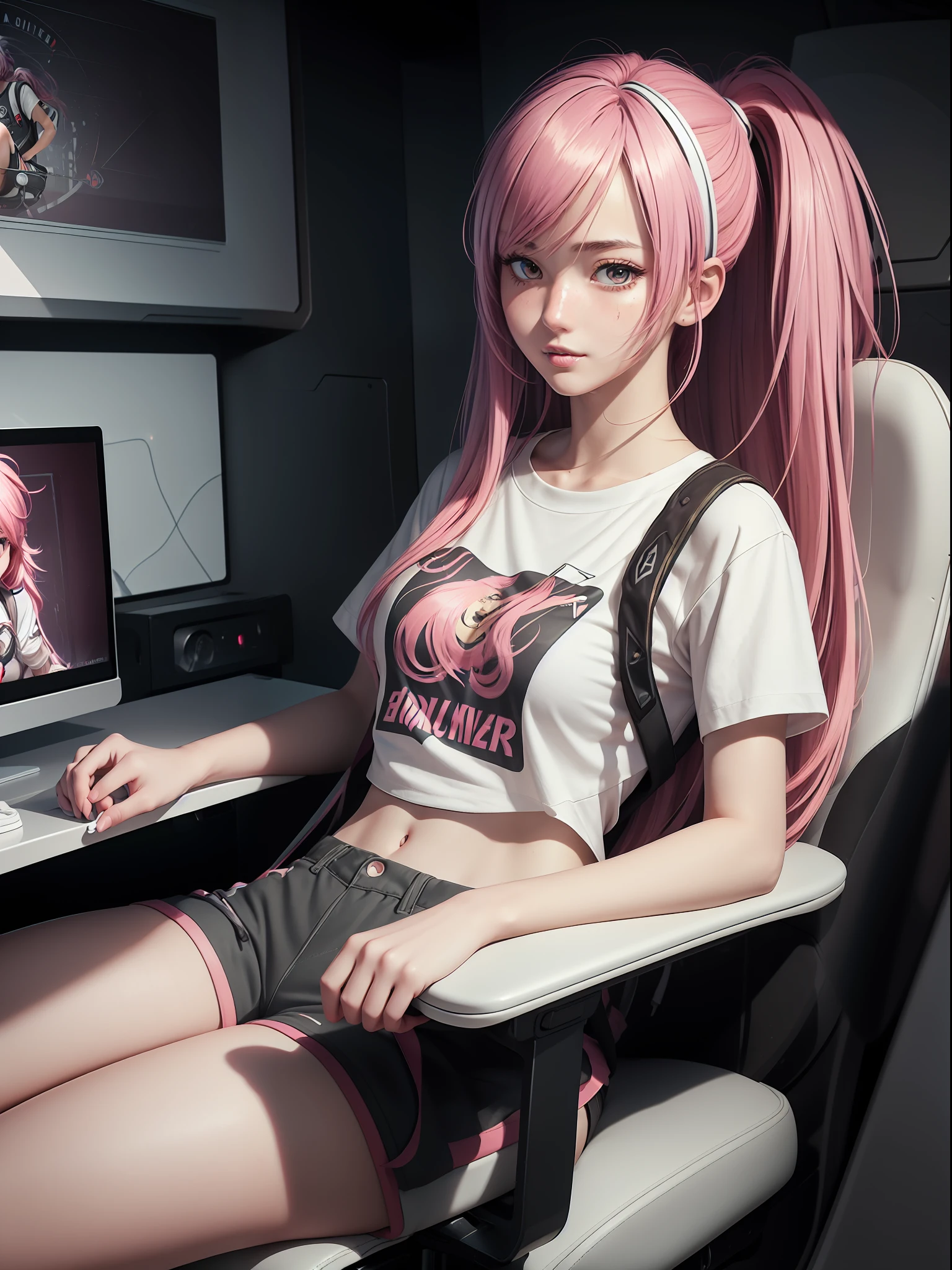 (masterpiece), (best quality), (ultra detailed),(disheveled hair),(illustration), (realistic), beautiful and cute gamer girl with white and smooth skin, thin body, red cheeks, elegant, pink hair, The gaming room, sitting on a gaming chair,wearing e-sport t-shirts, wearing shorts, Asian girl.