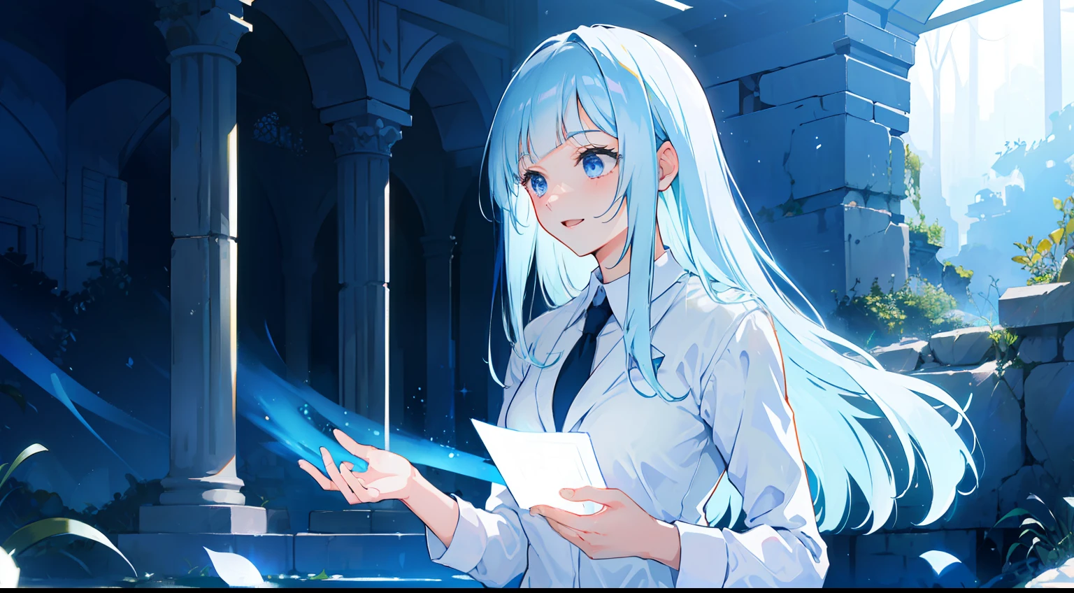 masterpiece,gorgeous, high details,1girl, traced lights,wallpaper, blue eyes,happy, laughing, laugh, cute, femine, delicate, ancient, ruins detailedbckground,colorfull, innocent, cozy, intimate BREAK miwakasumi, light_blue_hair,blunt bangs, long hair, nature BREAK black suit, open suit BREAK  white shirt