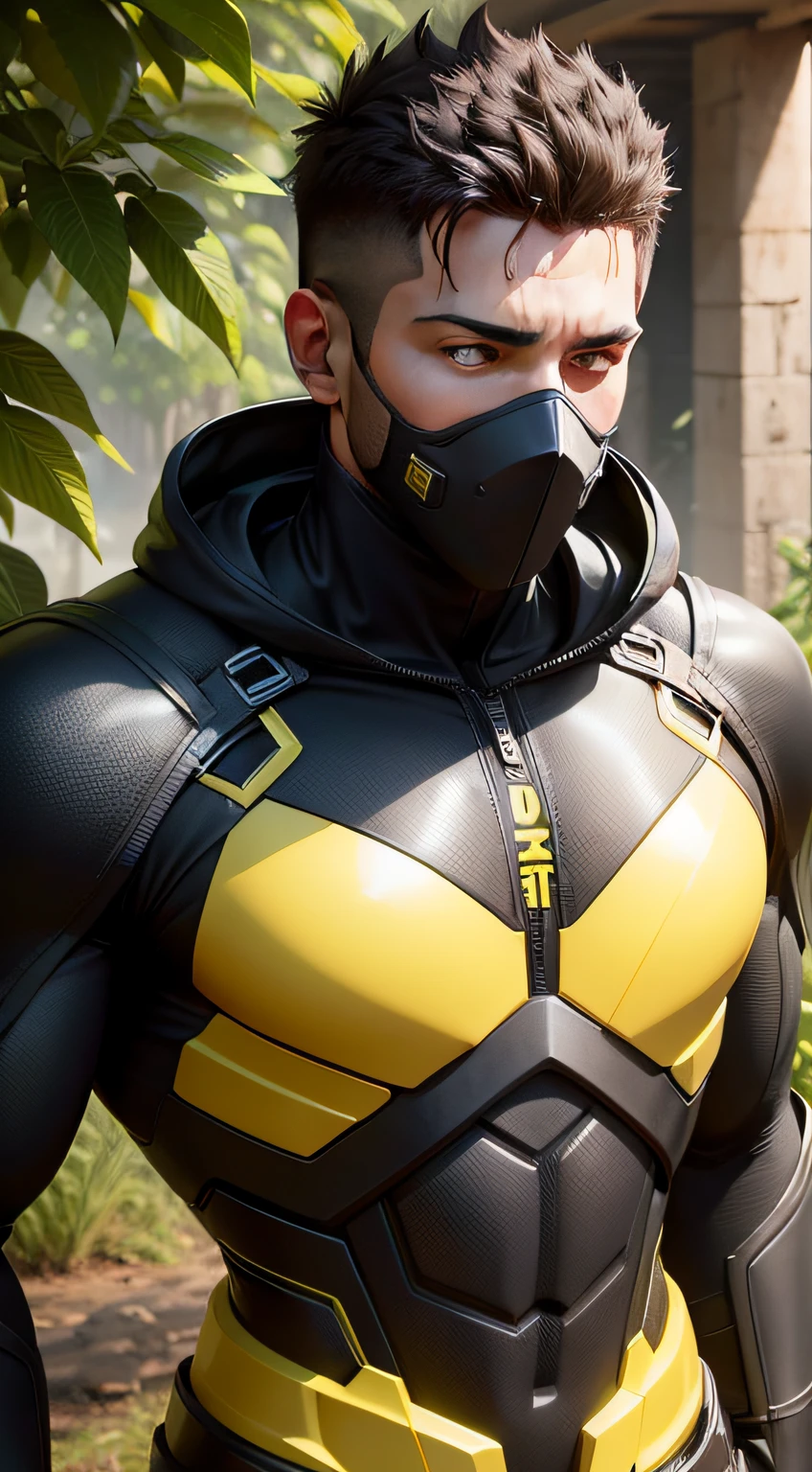 Heroi  protetor da natureza masculino na cor amarelo e preto,com diferentes detalhes,bem realistas,tecnologicos e metalizados
