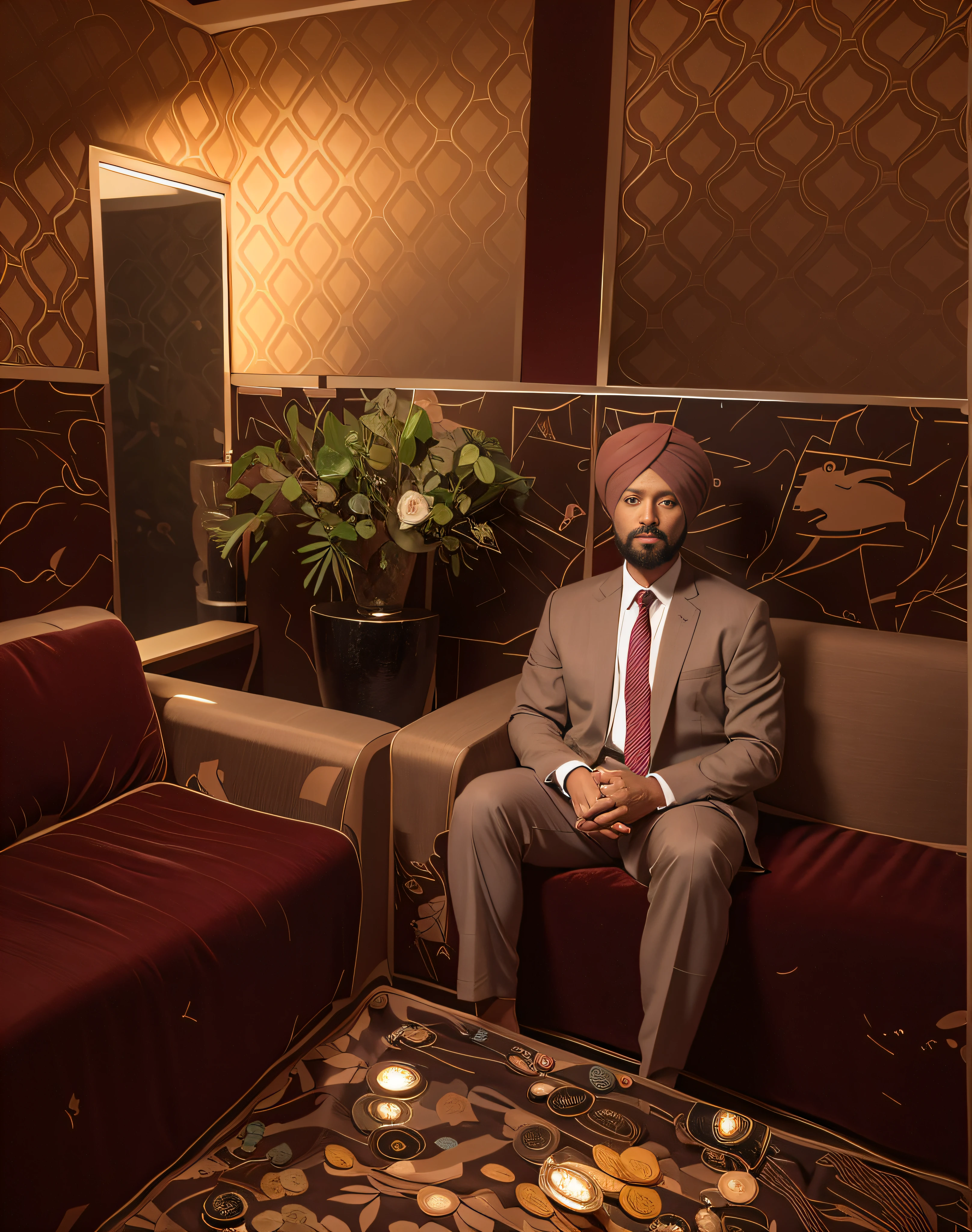 Change the background to a high-resolution 8k image while keeping the face and turban unchanged. The face and turban should remain the same. Please make it suitable for use as an avatar profile photo.