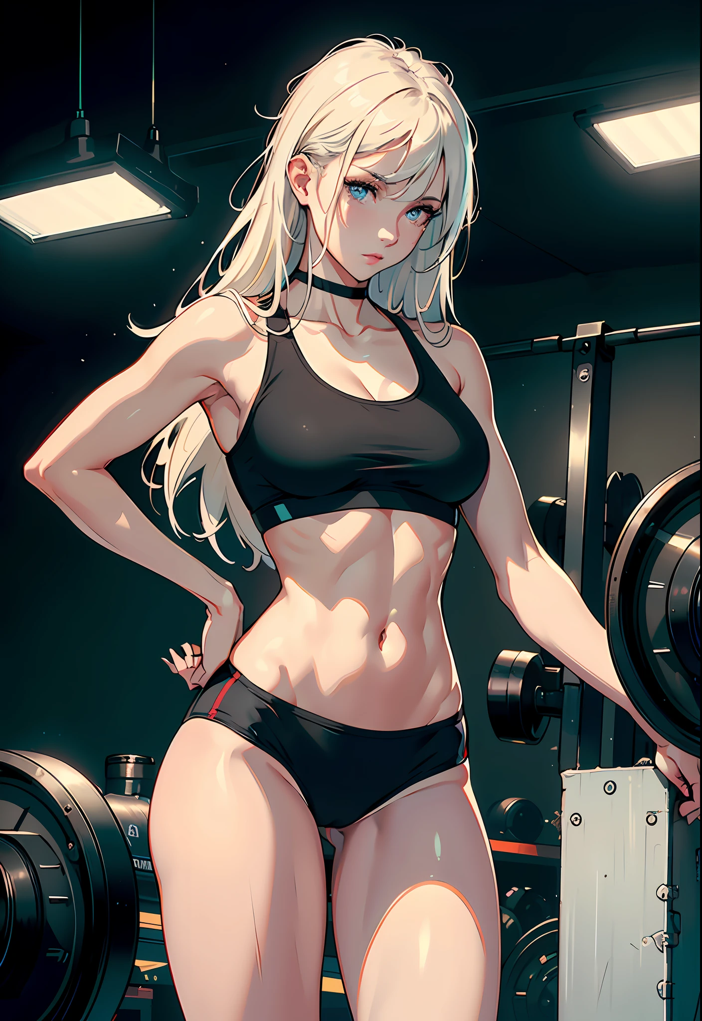 (realistic photo shot in a dark studio), (medium full body shot), (20 year old girl sexy poses in the gym), sports leggings, sports bra, beautiful detailed face, supermodel, (skinny and fit body:1.1), small breasts, pale skin, detailed long blond hair, heavy makeup, (realistic glistening skin), masterpiece, best quality, high resolution scan, (photo by Canon 5d, 50mm ZEISS lens), hourglass proportions, (8k uhd, hdr, dof), (professionally color graded), sharp focus, rim lighting, dimly lit, two tone lighting, dark,