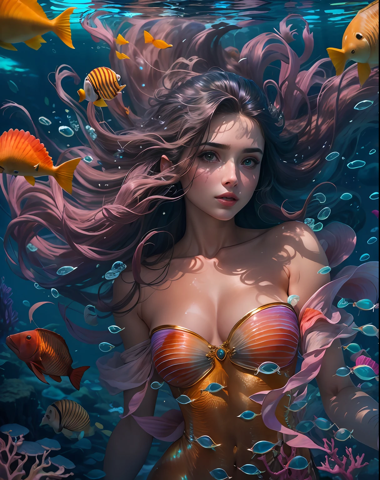 beautiful Ana De Armas, "Underwater Symphony": the (siren of the sea:1.1), floats gracefully in an (underwater world:1.1) filled with (vibrant coral reefs, saggy perfect breasts:1.1) and exotic marine life. Her (iridescent mermaid tail:1.1), crafted from shimmering scales, reflects the mesmerizing hues of the ocean depths. (Seashells and pearls adorn her flowing hair:1.1), highlighting her enchanting allure beneath the waves.