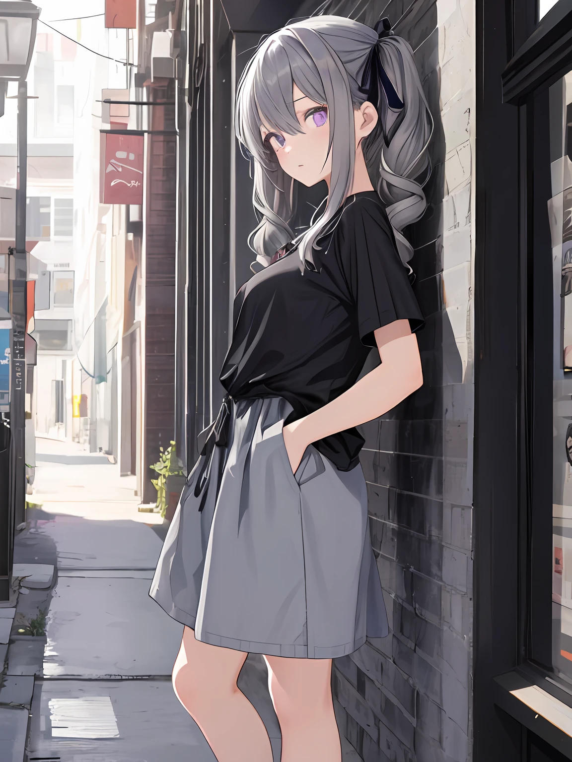 ((loli))  1girl, 15yo, ((gray hair)), ((small breasts)), ((casual clothes)), small breasts, side tale, highres 1girl black_ribbon  hair_between_eyes hair_ornament hair_ribbon looking_to_the_side purple_eyes ribbon  solo twintails full_body,