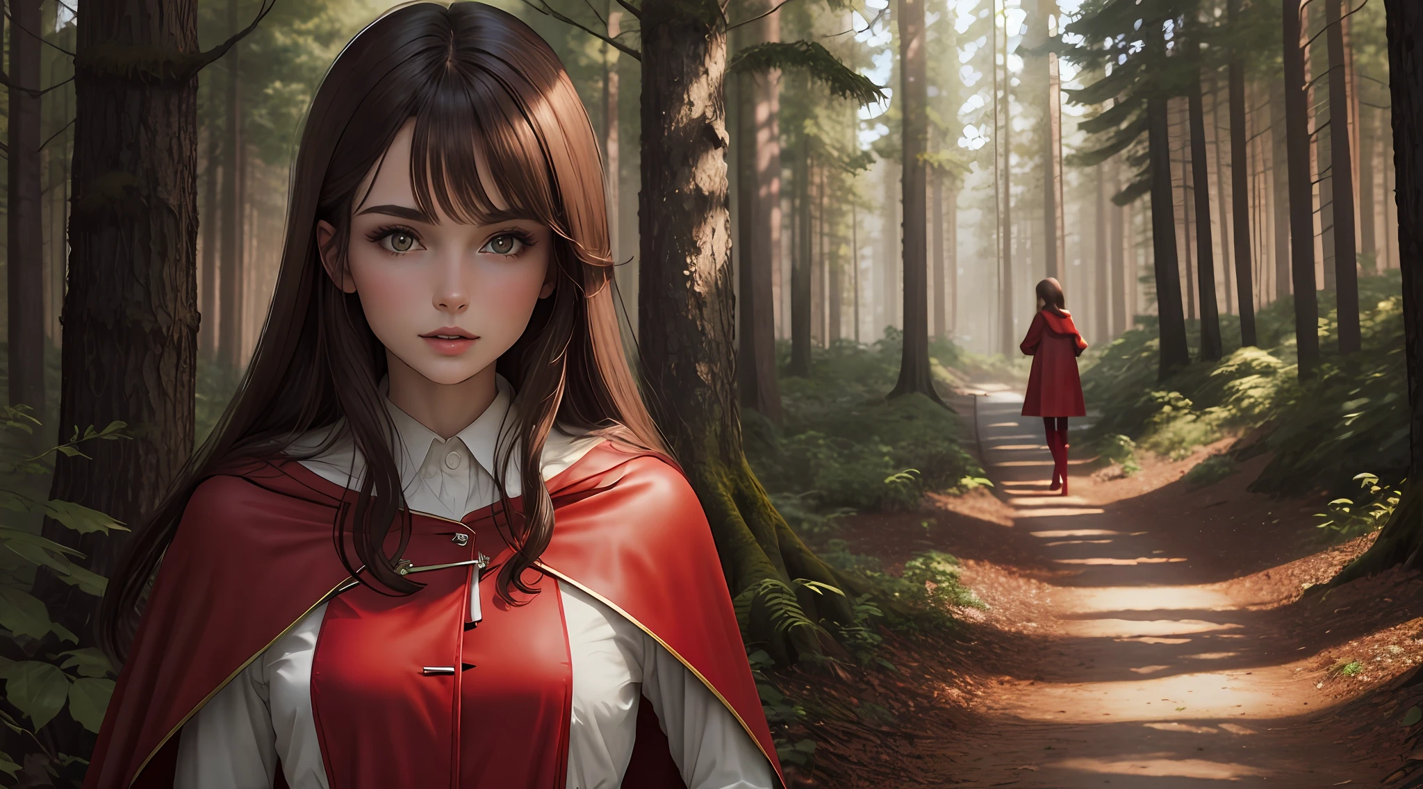 Brunette girl in red cape，at a forest，full bodyesbian，Lateral face，side looking