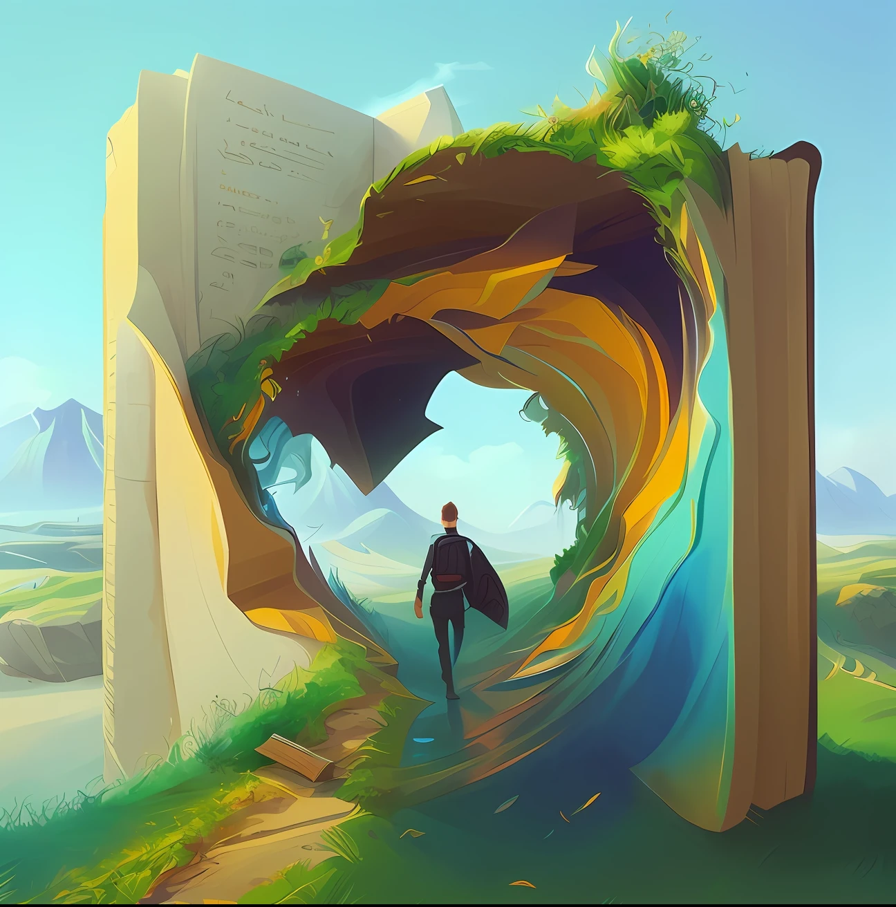 Arafeld Book，Father and son dragged hands for a walk on the grass，Father and son back，A wave emerged from the book, fantasy book illustration, cyril rolando and m.Kaluta, cyril rolando and m. Kaluta, art concept for a book cover, surrealistic digital artwork, detailed book illustration, hyper-realistic illustration, 3 d epic illustrations, Inspired by Cyril Rolando