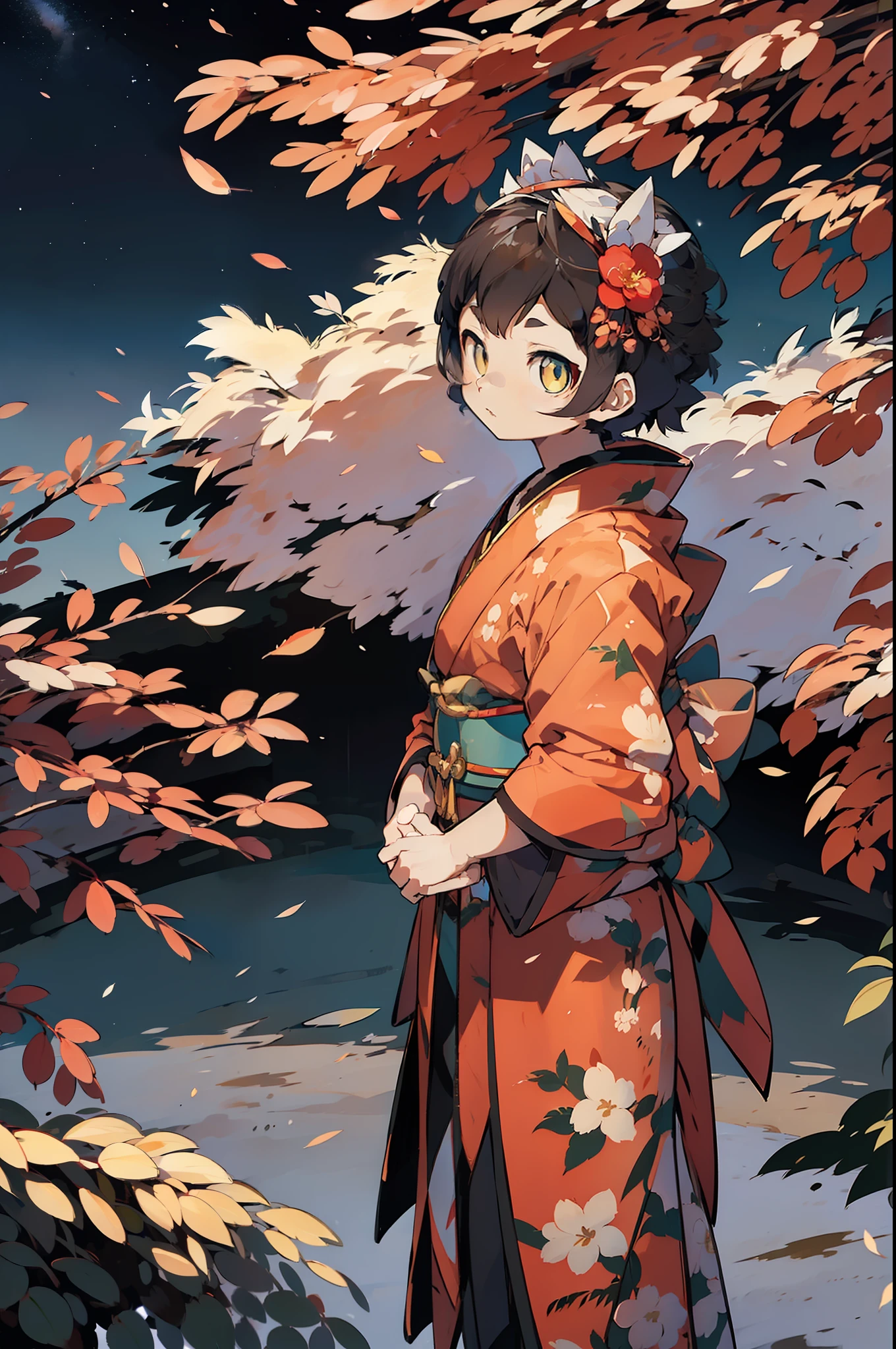 One, distant girl in kimono staring at the stars (reduced: 1.1), (meteor shower: 1.2), (comet: 1.1), your name, low angle, from behind, arrow labrealis shooting star, yukata, red kimono, cherry blossoms, highest quality standing in the field, masterpiece, clouds, colorful, starry sky, stars,