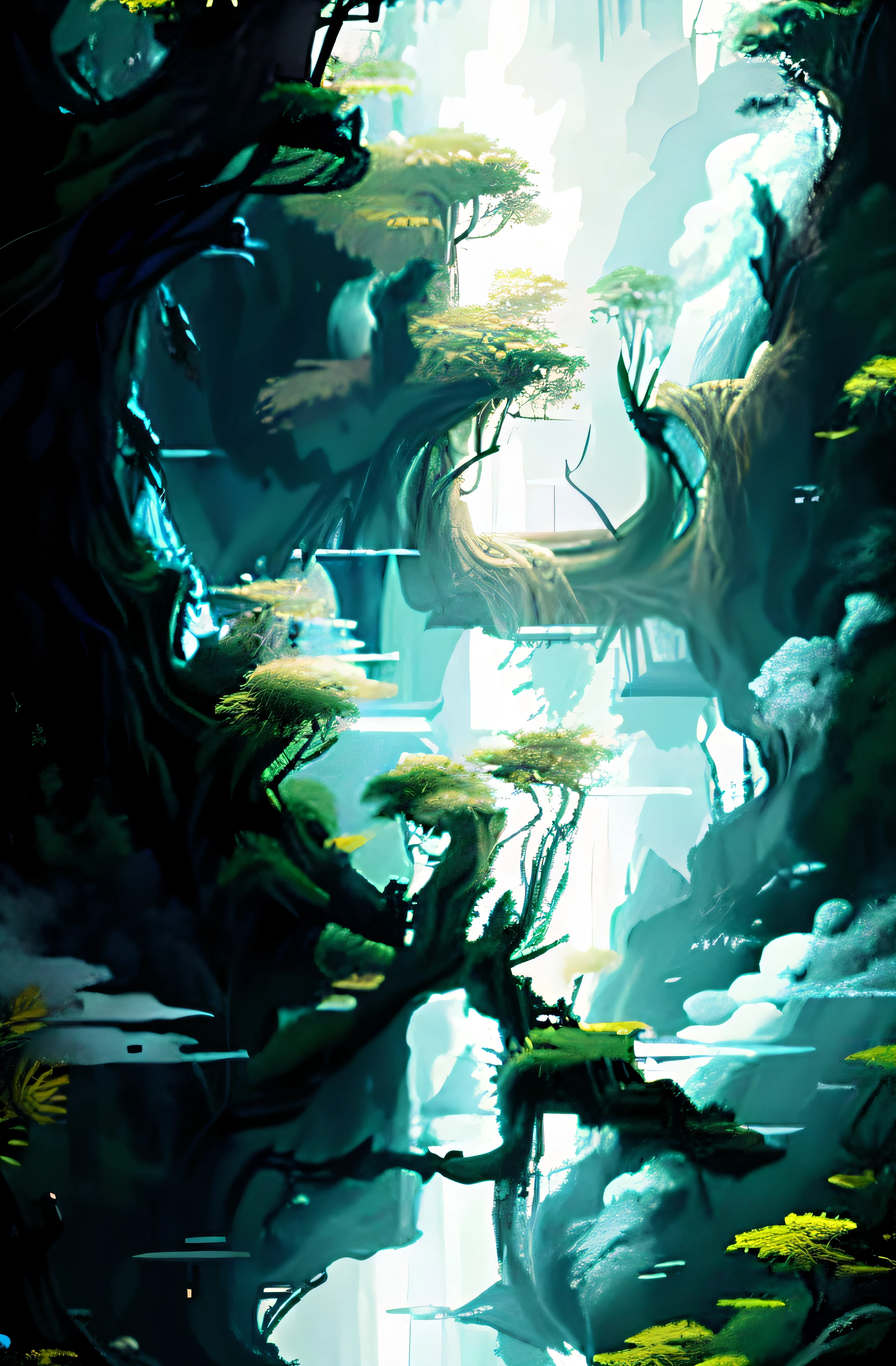 A painting of a forest waterfall with trees and clouds, background artwork, environment concept art, Detailed digital 2D fantasy art, concept art of a dark forest, Digital 2D fantasy art, inspirado em Eyvind Earle, fantasy forest environment, Fantasy Forest, a fantasy forest, environment and concept art, avatar landscape, very detailed digital painting, environment concept art